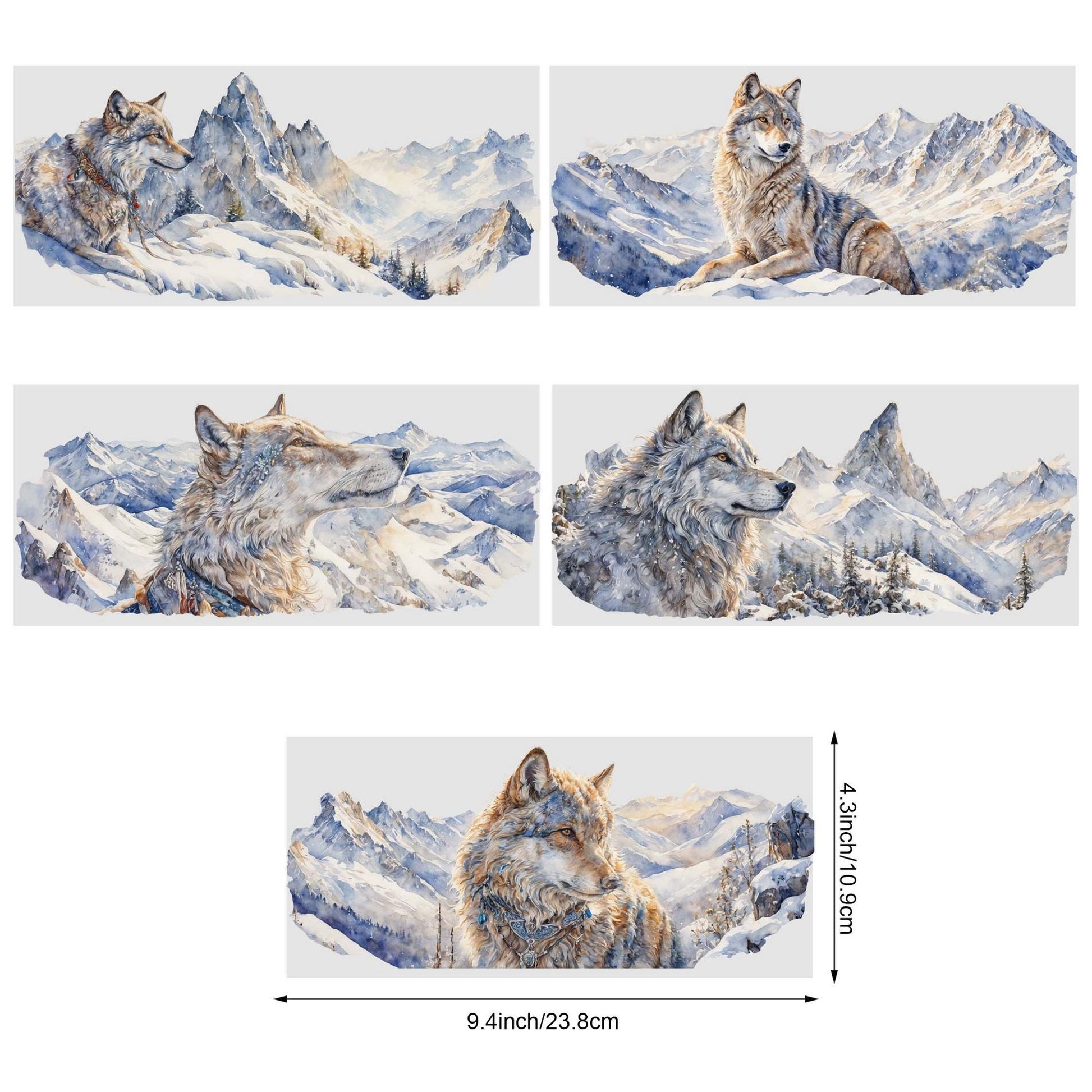 5pcs Wolf-Themed UV DTF Transfer Stickers for 16oz Glass Cups - Waterproof, Scratch-Resistant DIY Decals Featuring Snowy Landscape and Wildlife, Ideal for Home, School, and Craft Projects