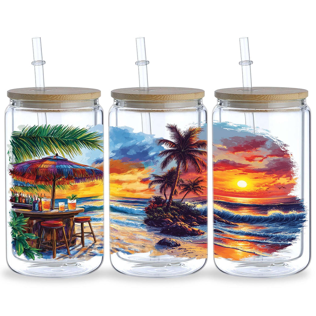 5 sheets Summer Sunset UV DTF cup packaging for 16oz glass cup, waterproof UV DTF stickers for 16oz glass cup, DIY, furniture, crafts