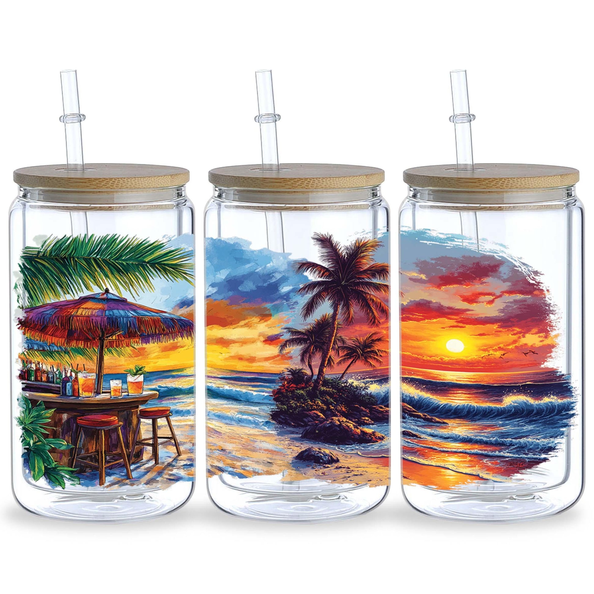5 sheets Summer Sunset UV DTF cup packaging for 16oz glass cup, waterproof UV DTF stickers for 16oz glass cup, DIY, furniture, crafts