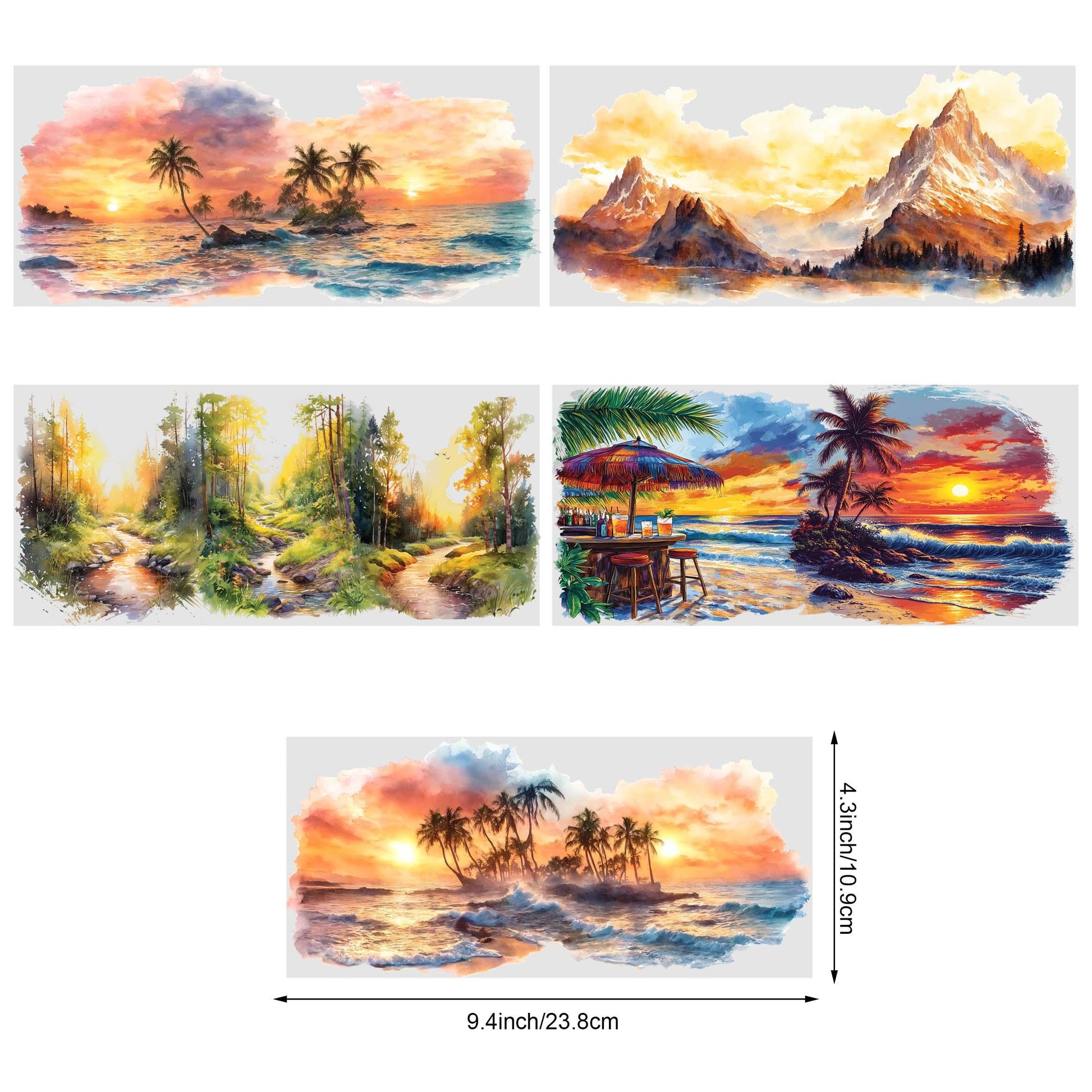 5 sheets Summer Sunset UV DTF cup packaging for 16oz glass cup, waterproof UV DTF stickers for 16oz glass cup, DIY, furniture, crafts