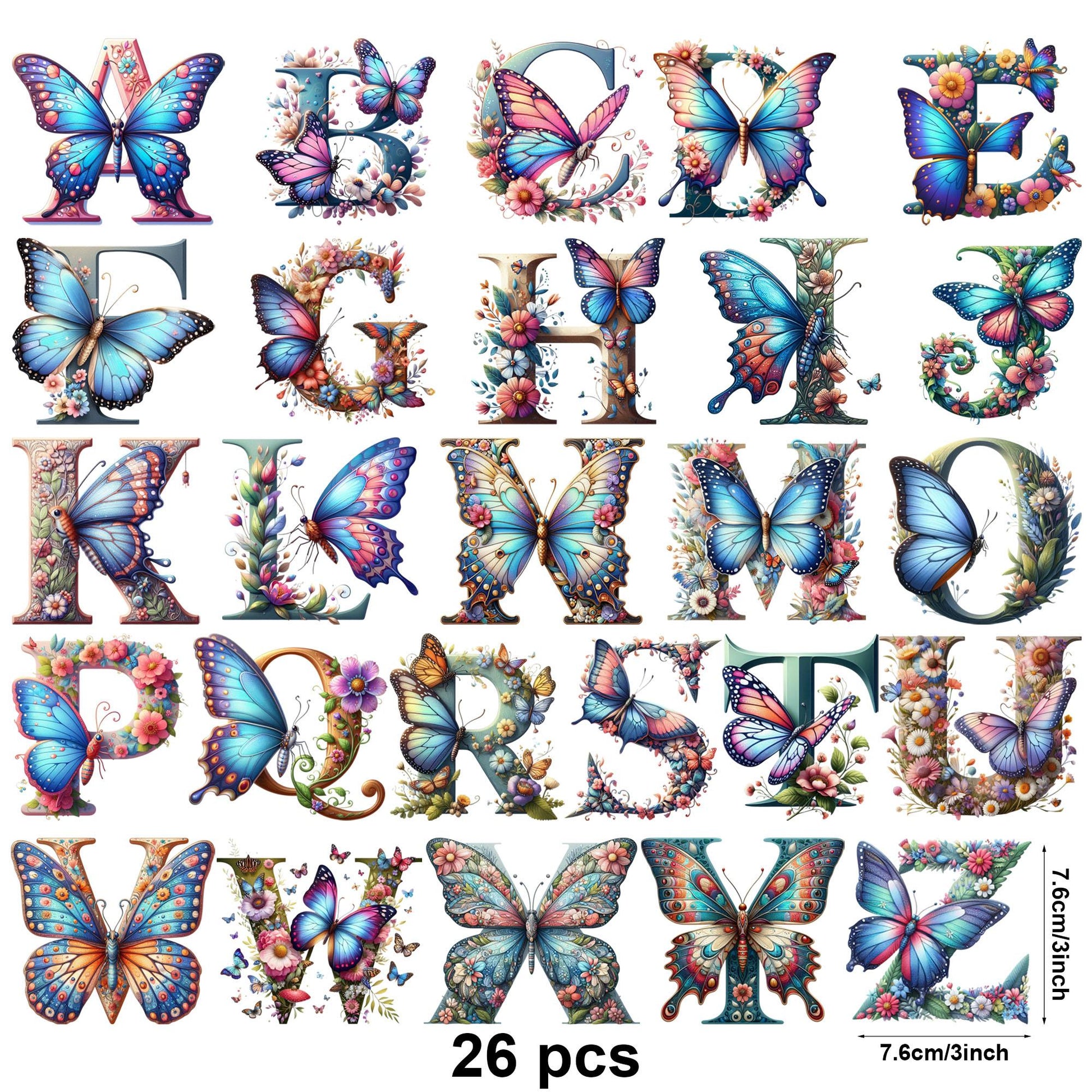 26 Set Letter Flower A - Z Design UV DTF Transfer Sticker Decals For Office And Home 16oz Alphabet Glass Cup Waterproof Sticker DIY Wrap Transfer Sticker 3D Crystal Design For Women Mom Best Friend Gift DIY Crafts