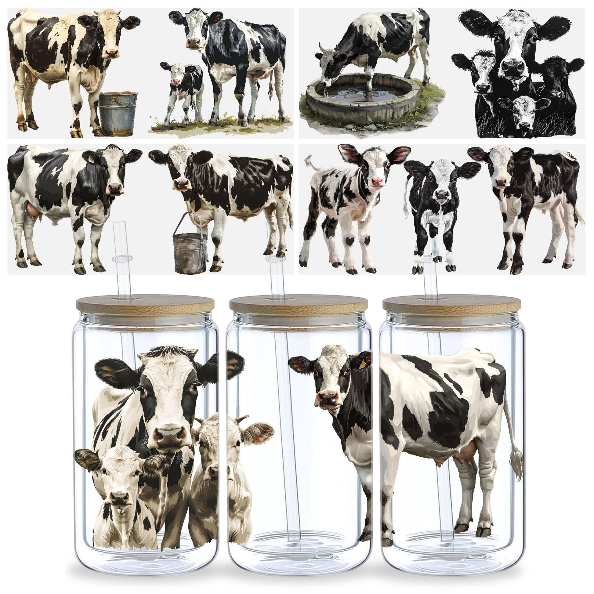 5 sheets cow DTF cup stickers, glass cup DTF transfer stickers, waterproof and wipeable transfer paper, suitable for 16 ounce glasses, cups, crafts, furniture
