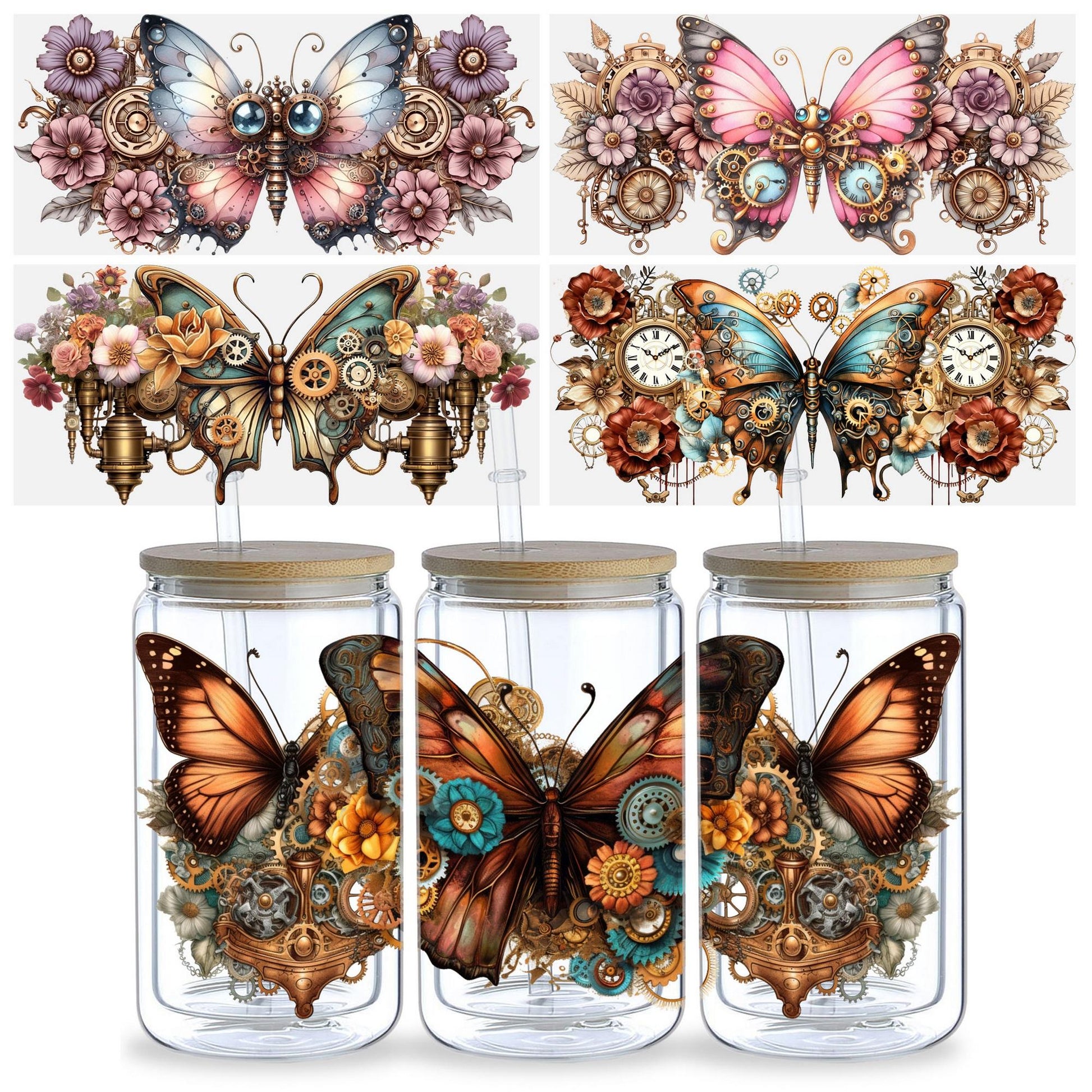 5 Sheets Steampunk UV DTF Cup Stickers 16 oz, DTF Friction Transfer Stickers, Waterproof Steampunk Butterfly, Dragon Stickers for DIY, Furniture, Crafts