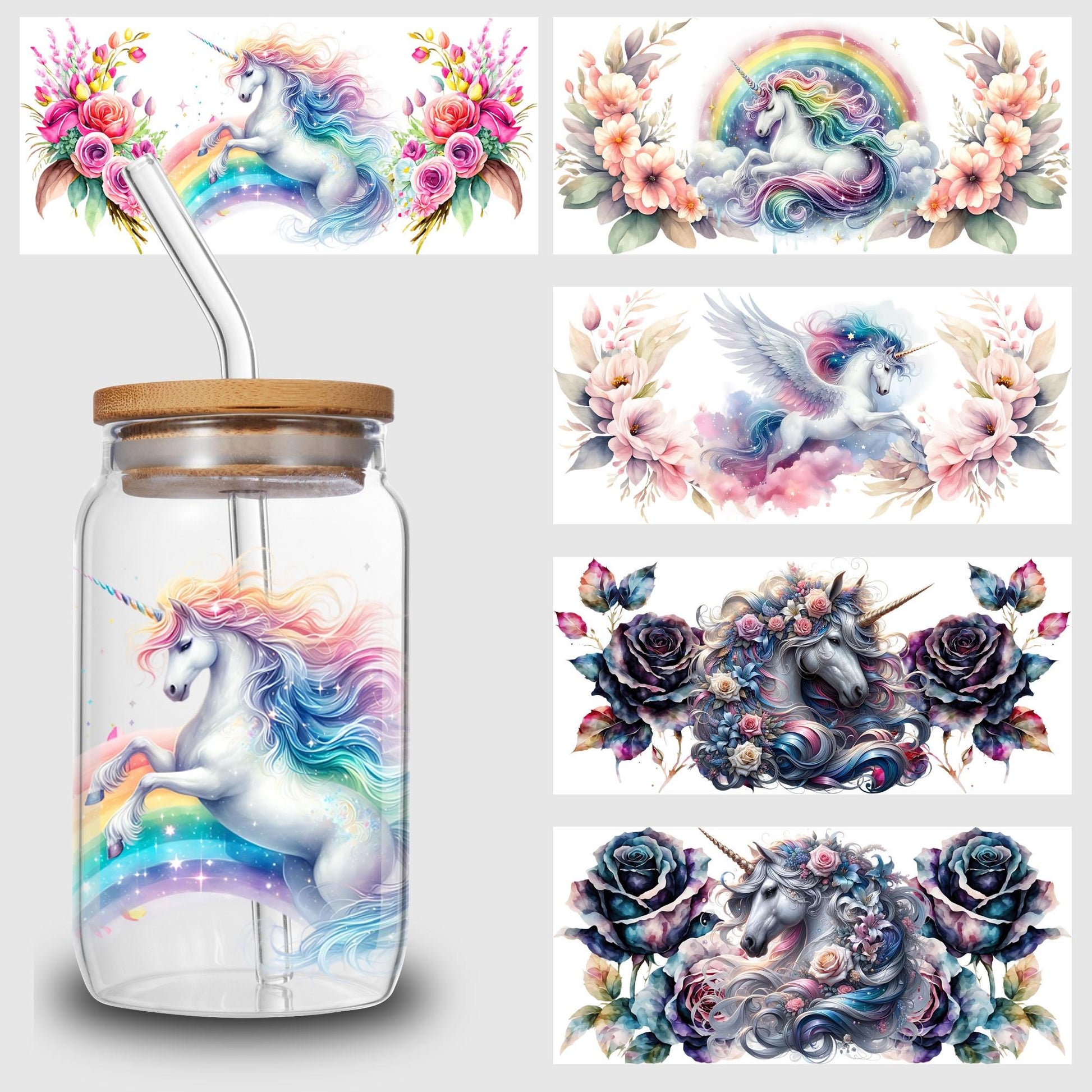 5 Sheets Unicorn UV DTF Cup Stickers, DTF Transfer Stickers, Beautiful Unicorn Waterproof Wipe-Off Transfer Paper for 16oz Glass, Mug, Crafts, Furniture