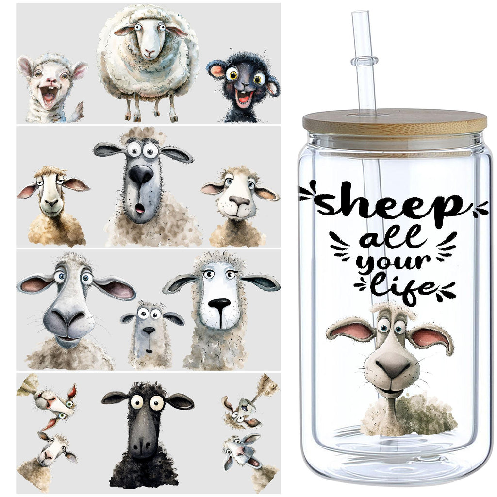 5 sheets Sheep UV DTF Cup Stickers, Glass Cup DTF Transfer Stickers, Waterproof Funny Sheep Wipeable Transfer Paper for 16 oz Glass, Cups, Crafts, Furniture
