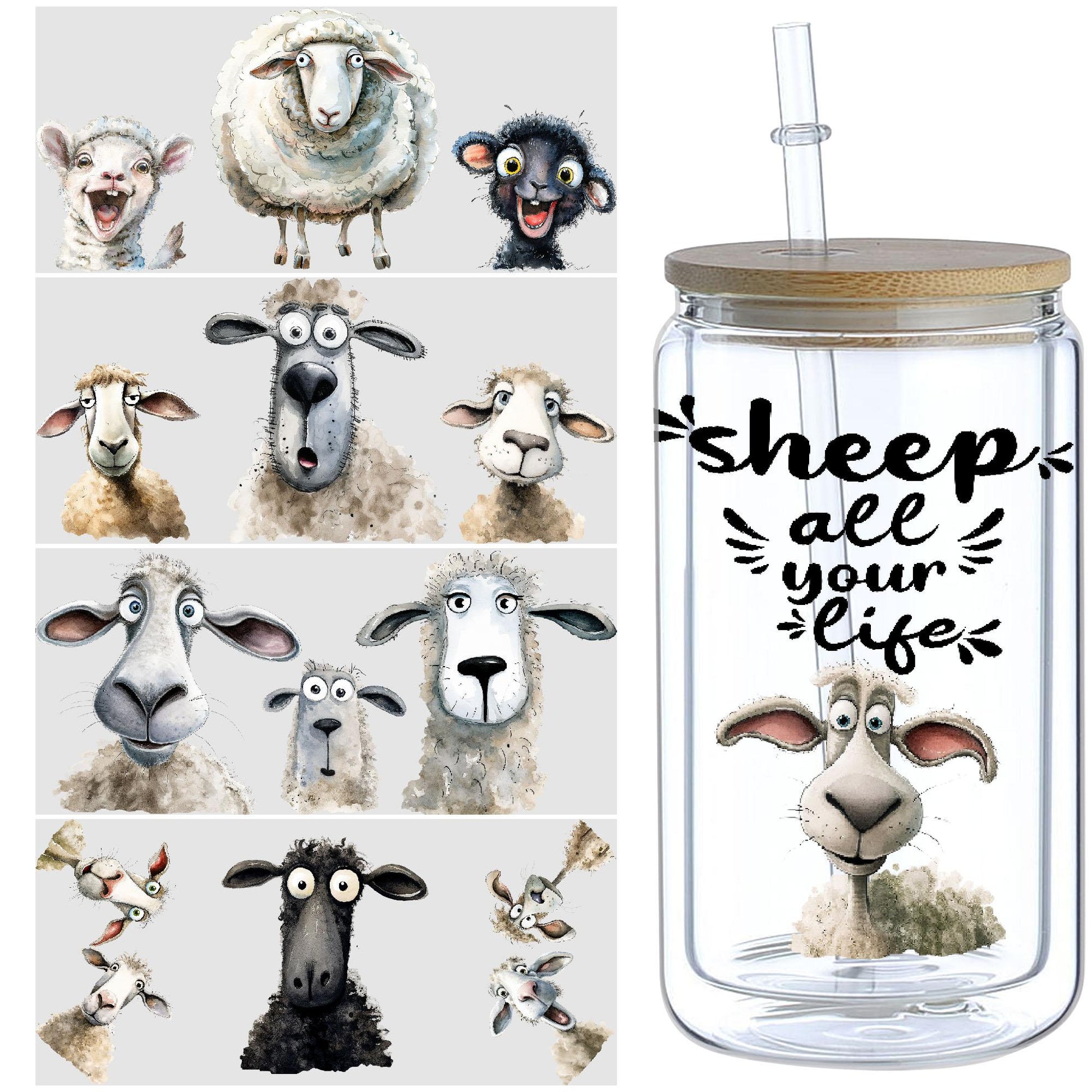 5 sheets Sheep UV DTF Cup Stickers, Glass Cup DTF Transfer Stickers, Waterproof Funny Sheep Wipeable Transfer Paper for 16 oz Glass, Cups, Crafts, Furniture