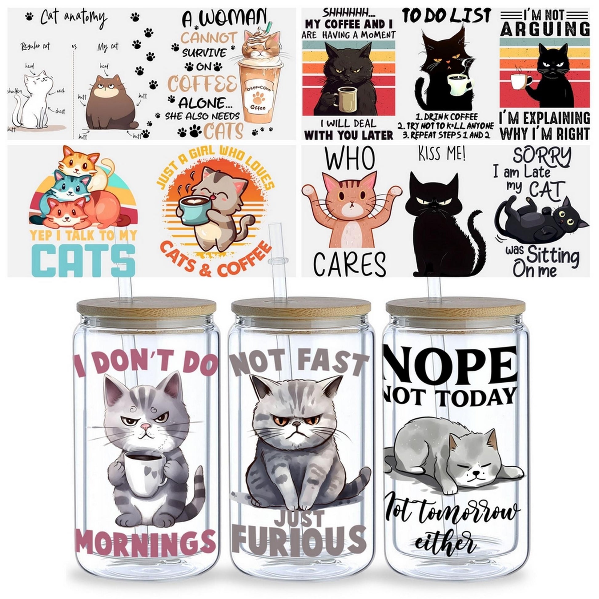 5 Sheets Cat UV DTF Cup Wrap,Sport DTF Transfer Stickers for Glass Cup,Waterproof funny animal Rub on Transfers for 16 oz Glass,Mugs,Crafts,Furnitures