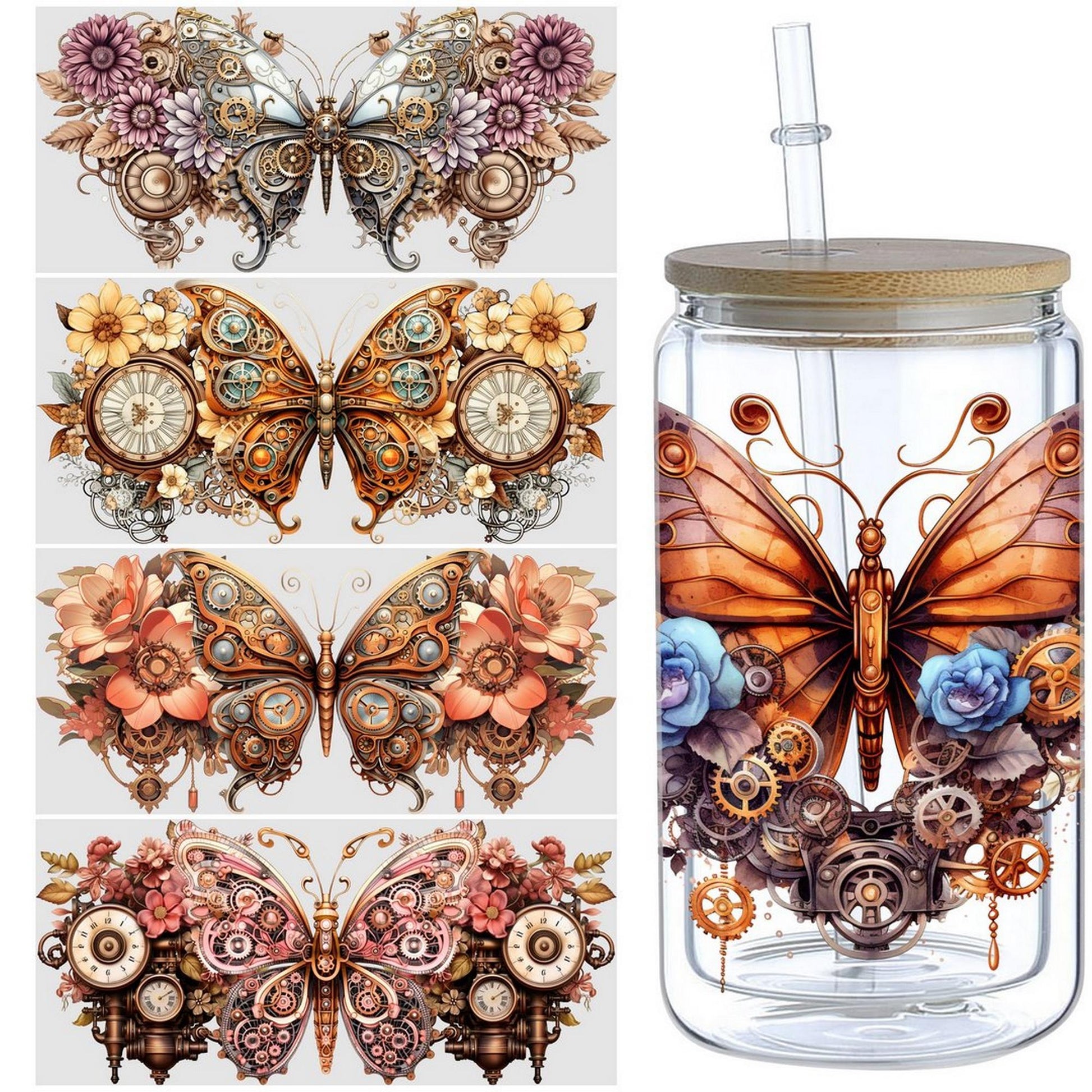 5 Sheets Steampunk UV DTF Cup Stickers 16 oz, DTF Friction Transfer Stickers, Waterproof Steampunk Butterfly, Dragon Stickers for DIY, Furniture, Crafts
