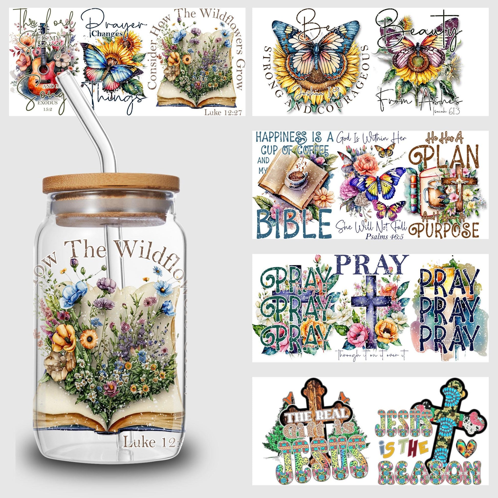 5 sheets Inspiring UV DTF Cup Stickers, Glass Sport DTF Transfer Stickers, Waterproof Plant Wipe Transfer Paper for 16oz Glass, Mug, Crafts, Furniture
