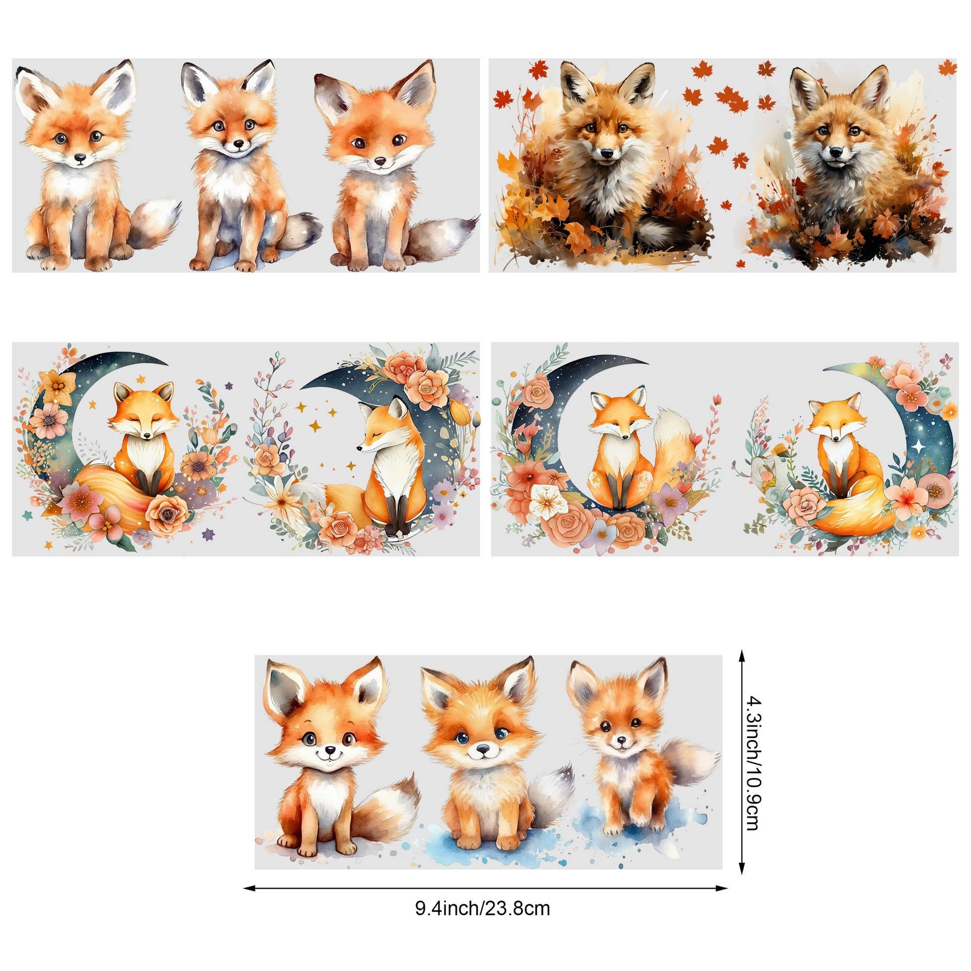 5 Sheets Fox UV DTF Mug Stickers, Glass Sports DTF Transfer Stickers, Waterproof Cute Fox Wipe-On Transfers for 16 oz Glass, Mugs, Crafts, Furniture