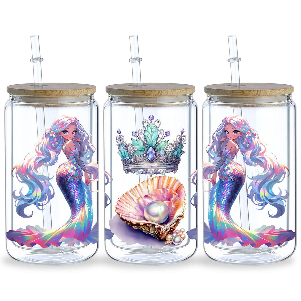 5 Sheets Mermaid UV DTF Cup Sleeve 16oz, DTF Cup Sleeve Transfer Glass, Water Bottle Waterproof Sticker, Friction Transfer Sticker, Furniture Crafts