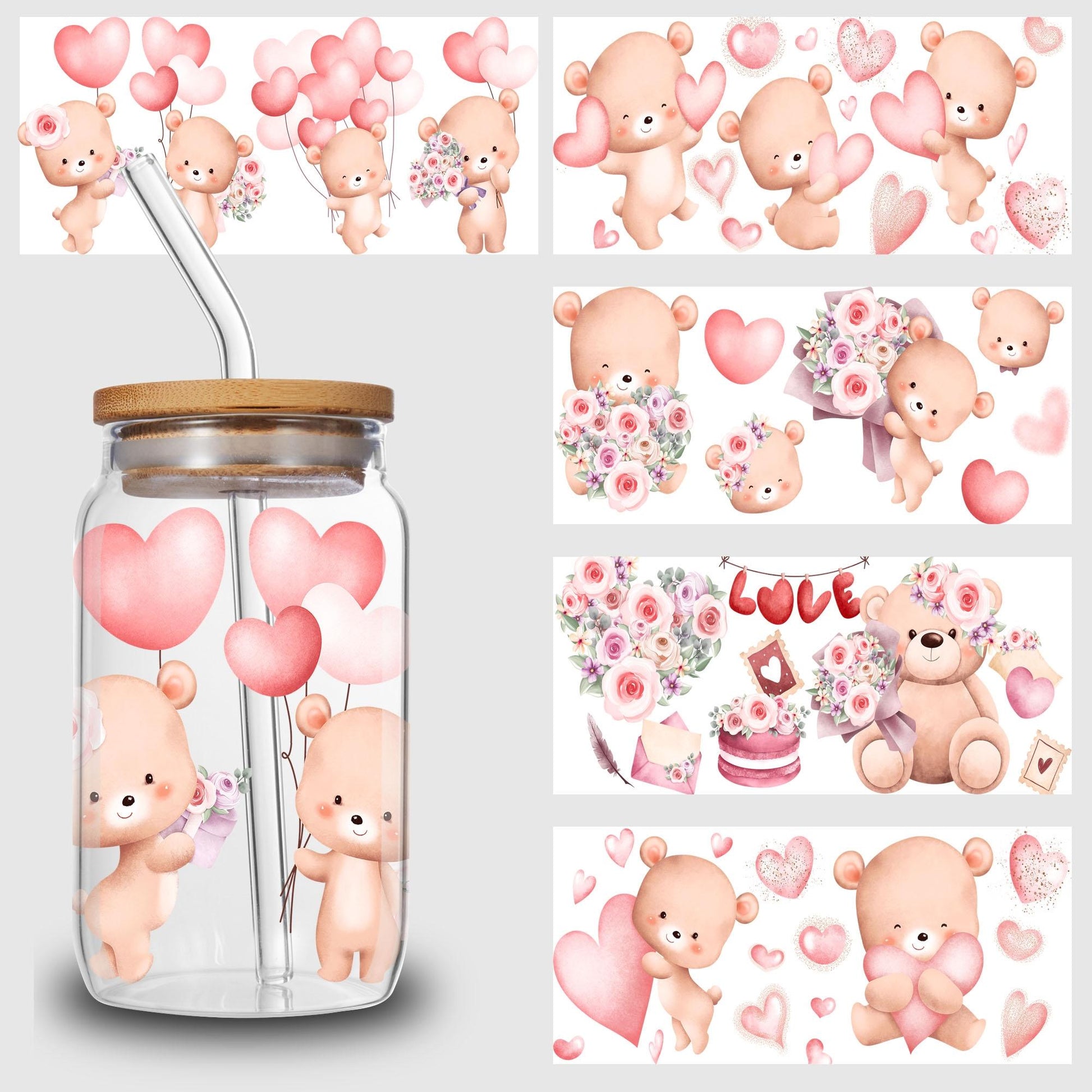 5 Sheets Valentine's Day UV DTF Cup Stickers, Glass Sports DTF Transfer Stickers, Waterproof Vegetable Wipe Transfer Paper for 16 oz Glass, Mug, Crafts, Furniture