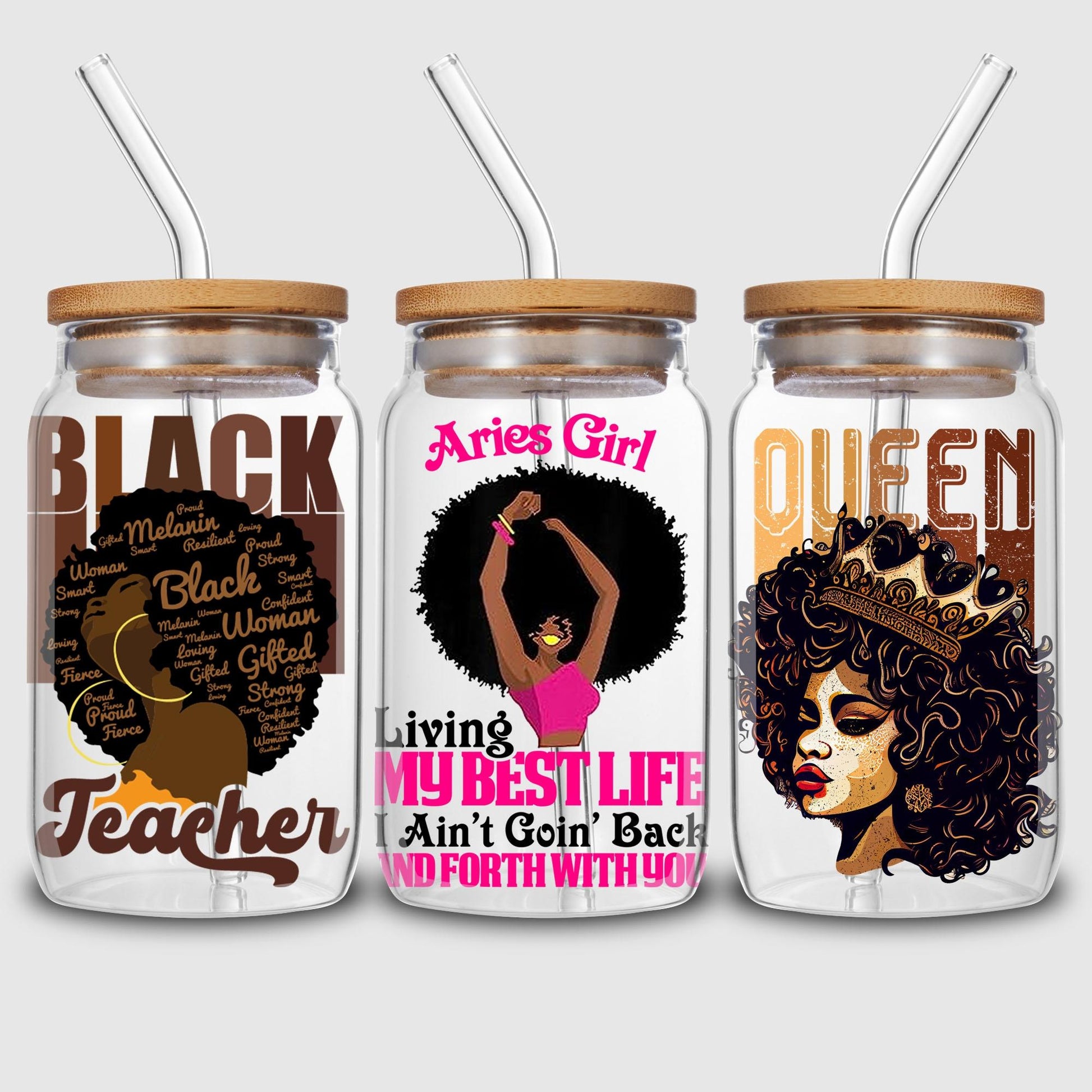 5 sheets black woman UV DTF cup stickers, glass sports DTF transfer stickers, waterproof wipe transfer paper for 16 oz glass, mugs, crafts, furniture