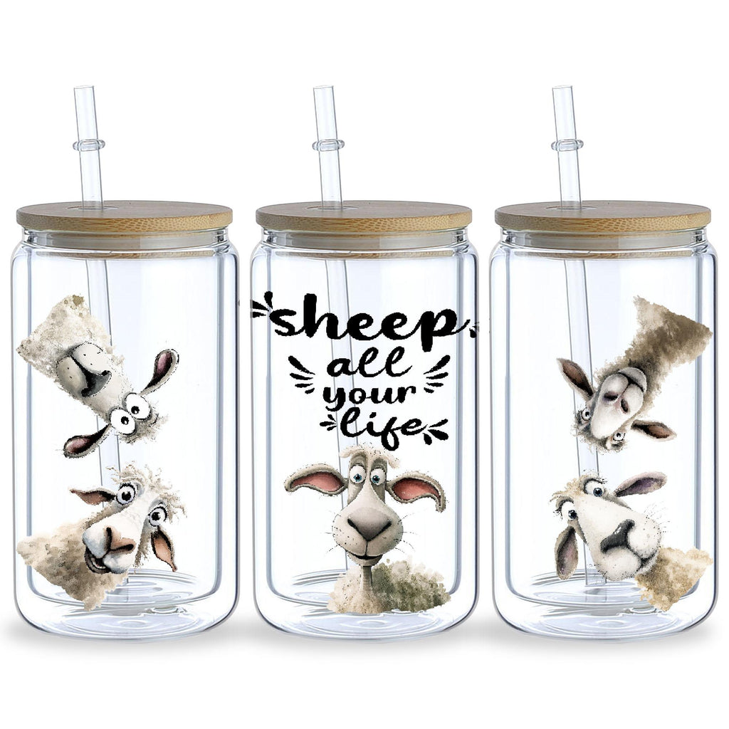 5 sheets Sheep UV DTF Cup Stickers, Glass Cup DTF Transfer Stickers, Waterproof Funny Sheep Wipeable Transfer Paper for 16 oz Glass, Cups, Crafts, Furniture