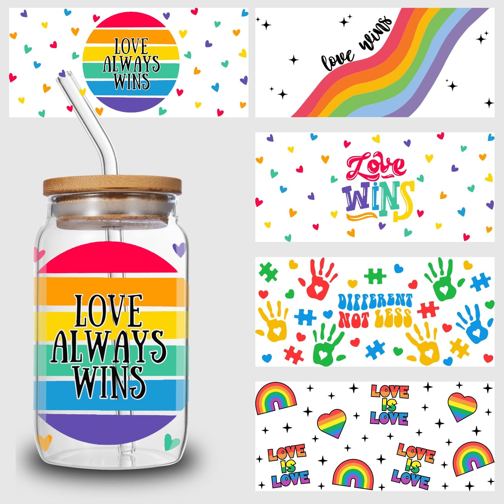 5 sheets love UV DTF cup stickers, glass sports DTF transfer stickers, waterproof LGBT wipe transfer paper for 16 oz glass, mugs, crafts, furniture
