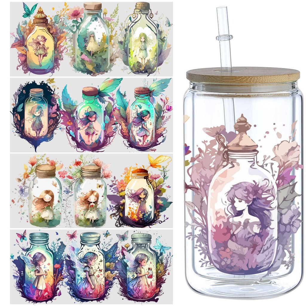 5 Sheets Genie in a Bottle UV DTF Cup Stickers, Glass DTF Transfer Stickers, Waterproof Beautiful Genie Wipe Transfers for 16 oz Glass, Mugs, Crafts, Furniture