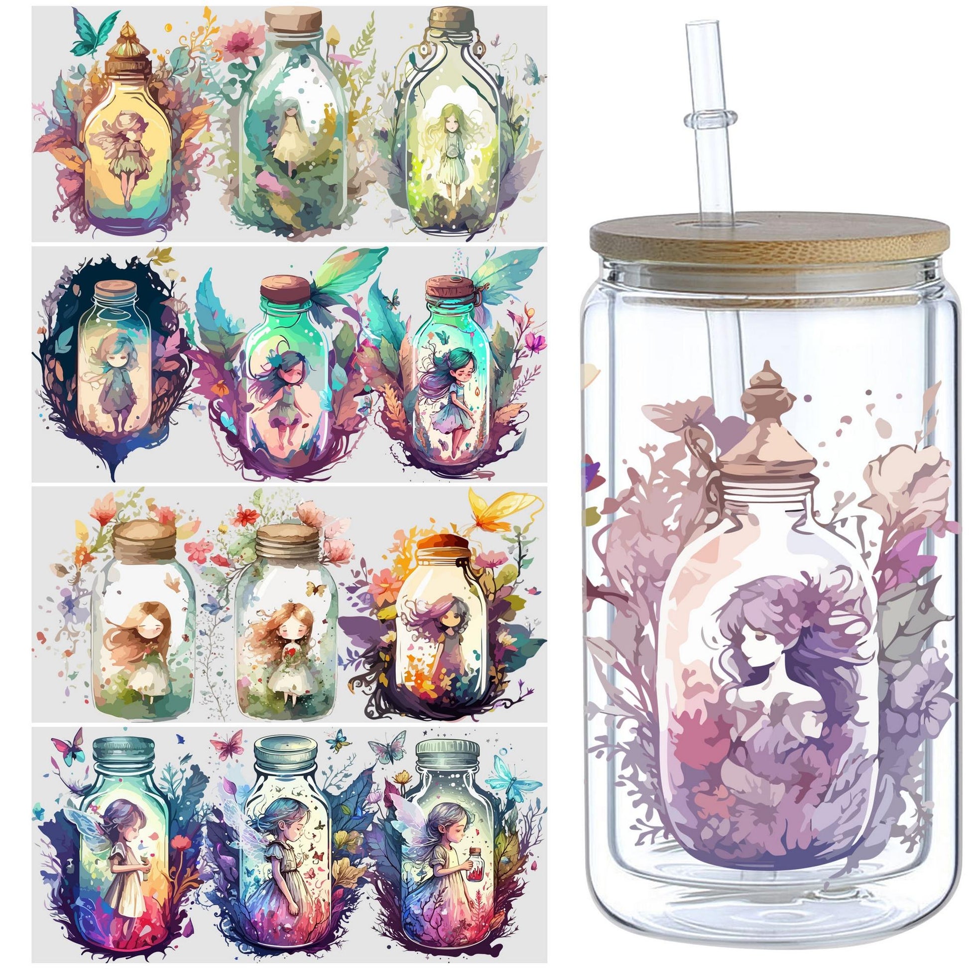 5 Sheets Genie in a Bottle UV DTF Cup Stickers, Glass DTF Transfer Stickers, Waterproof Beautiful Genie Wipe Transfers for 16 oz Glass, Mugs, Crafts, Furniture