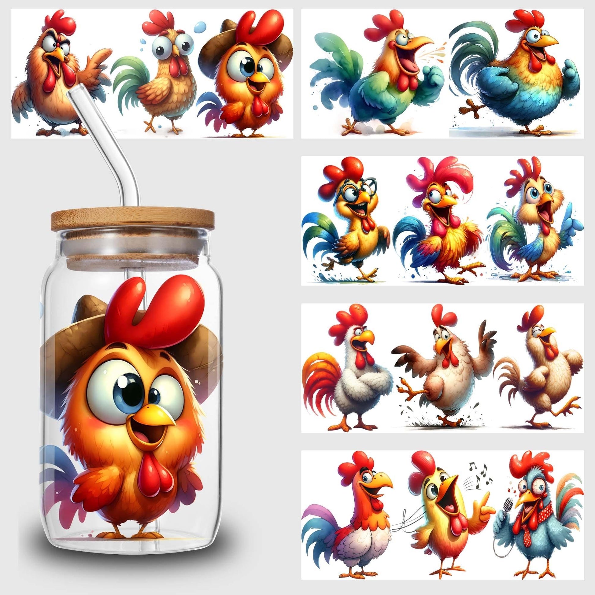 5 Sheet Chicken UV DTF Cup Holder 16 oz, Funny Chicken DTF Cup Holder Transfer Glass, Water Bottle Waterproof Sticker, Friction Transfer Sticker, Furniture Crafts