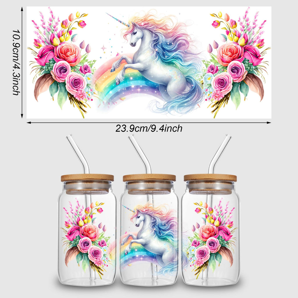 5 Sheets Unicorn UV DTF Cup Stickers, DTF Transfer Stickers, Beautiful Unicorn Waterproof Wipe-Off Transfer Paper for 16oz Glass, Mug, Crafts, Furniture