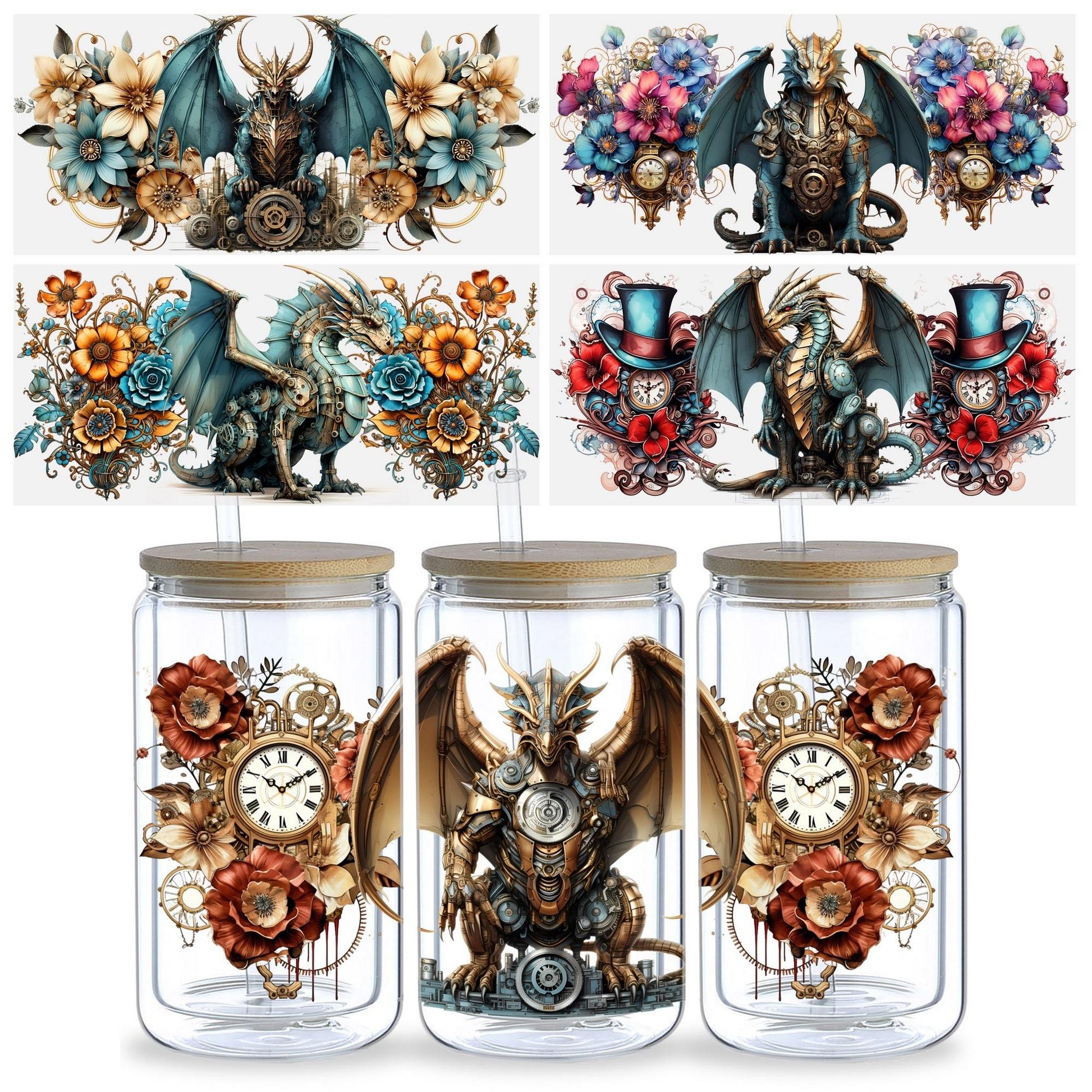 5sheets Steampunk Dragon Pattern UV DTF Cup Stickers, Waterproof Sticker Pack For Decorating Mugs, Cups, Bottles, School Supplies, Etc, Arts Crafts, DIY Art Supplies