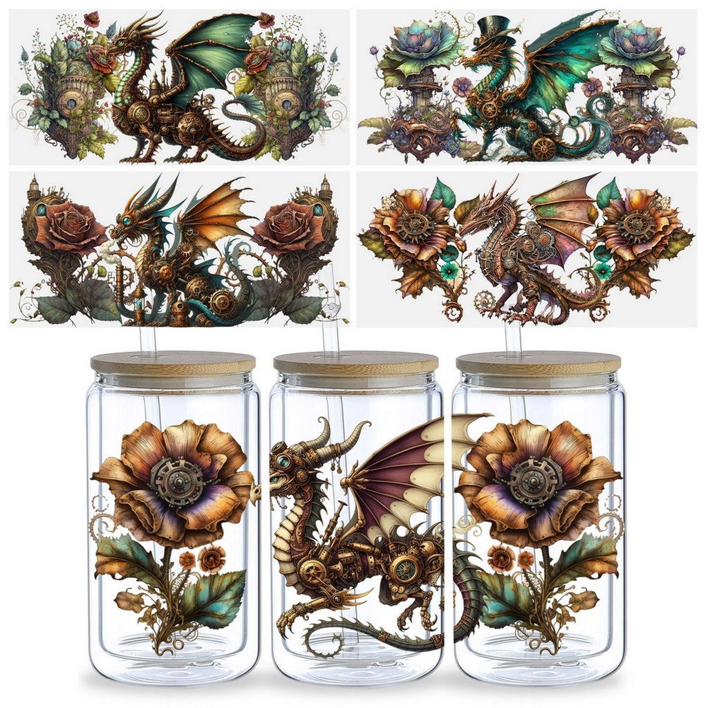 5sheets Steampunk Dragon Pattern UV DTF Cup Stickers, Waterproof Sticker Pack For Decorating Mugs, Cups, Bottles, School Supplies, Etc, Arts Crafts, DIY Art Supplies