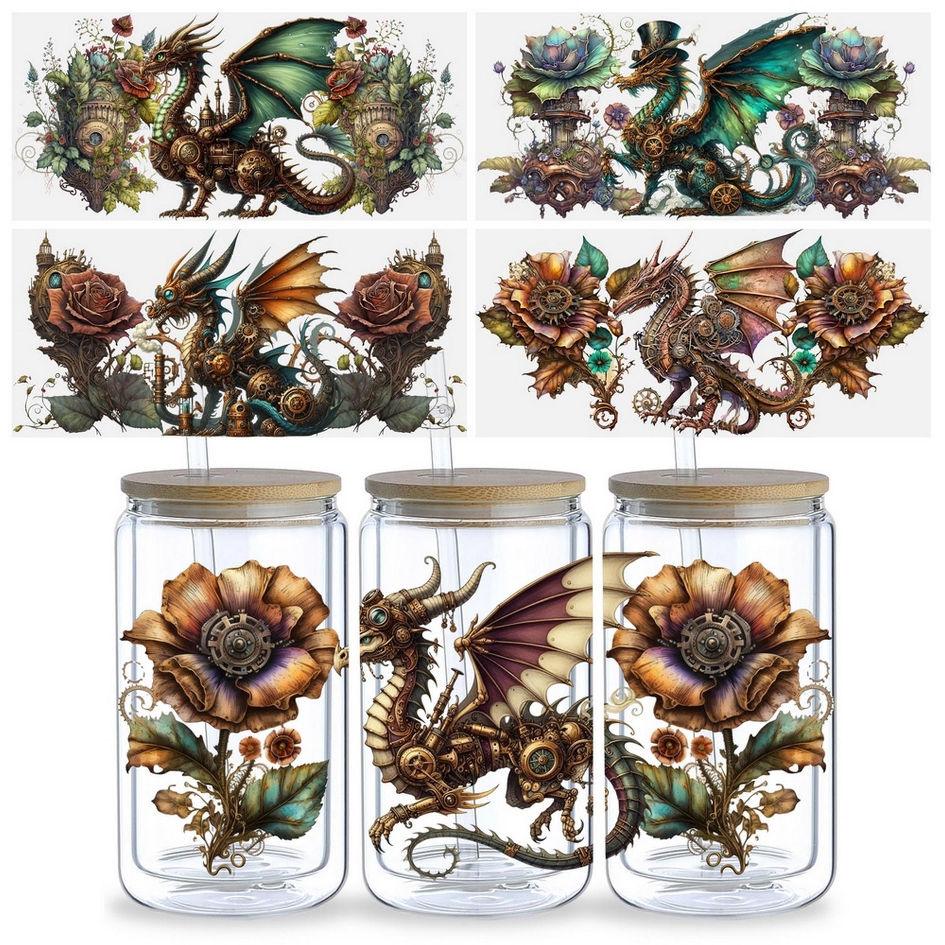 5sheets Steampunk Dragon Pattern UV DTF Cup Stickers, Waterproof Sticker Pack For Decorating Mugs, Cups, Bottles, School Supplies, Etc, Arts Crafts, DIY Art Supplies