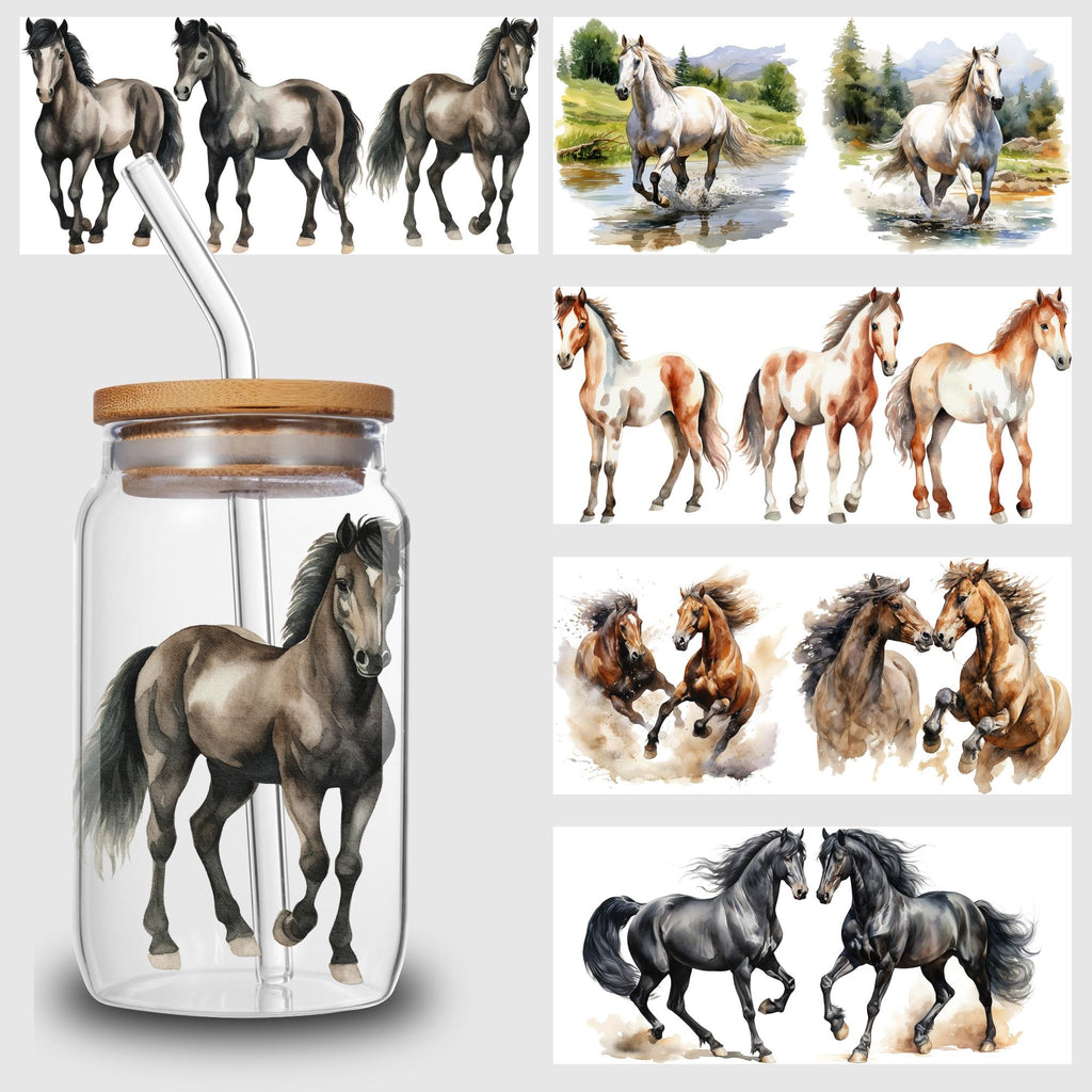 5 Sheets horse UV DTF Cup Stickers for Glass DTF Transfer Stickers, Waterproof Friction Transfers for 16oz Glass, Mugs, Crafts, Furniture