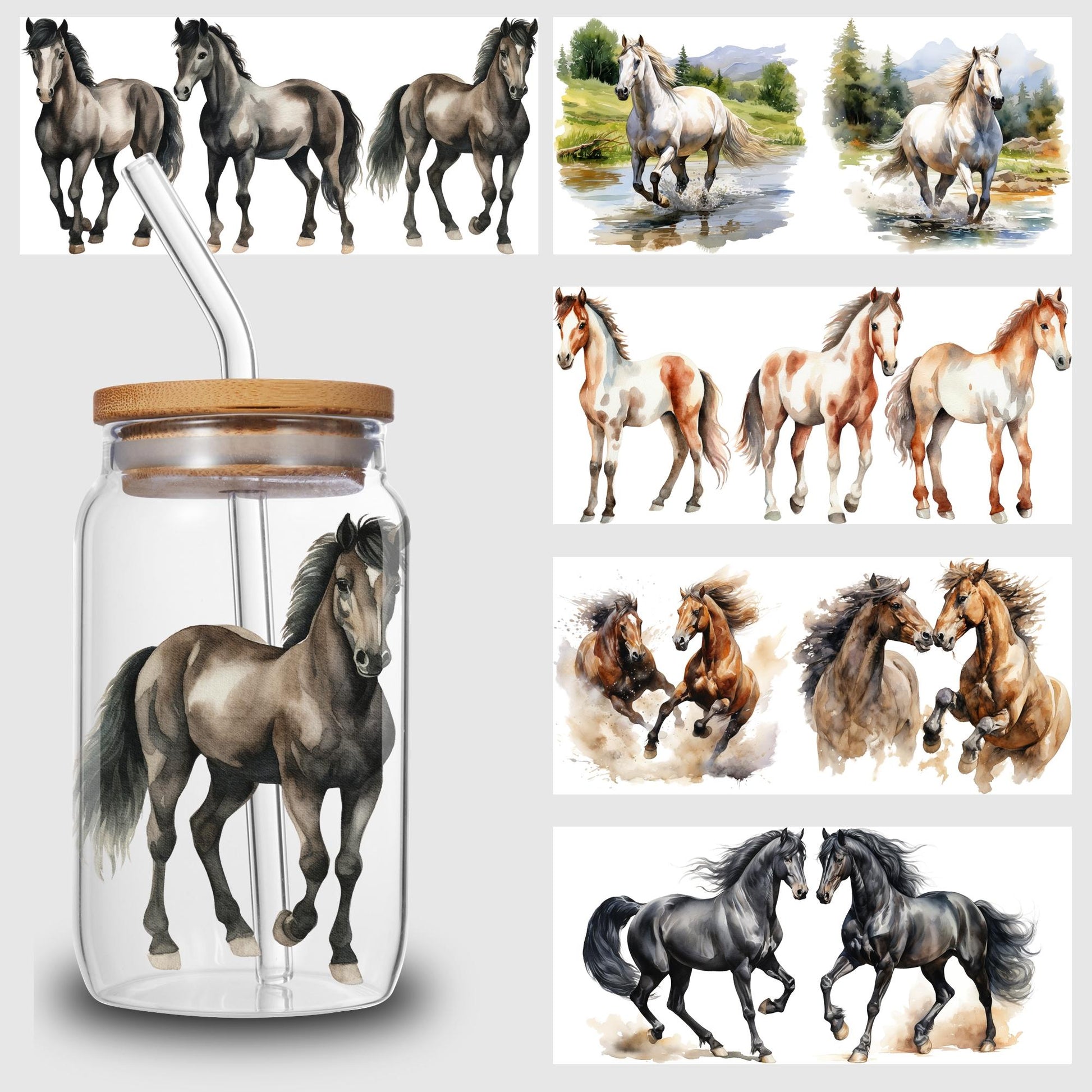 5 Sheets horse UV DTF Cup Stickers for Glass DTF Transfer Stickers, Waterproof Friction Transfers for 16oz Glass, Mugs, Crafts, Furniture