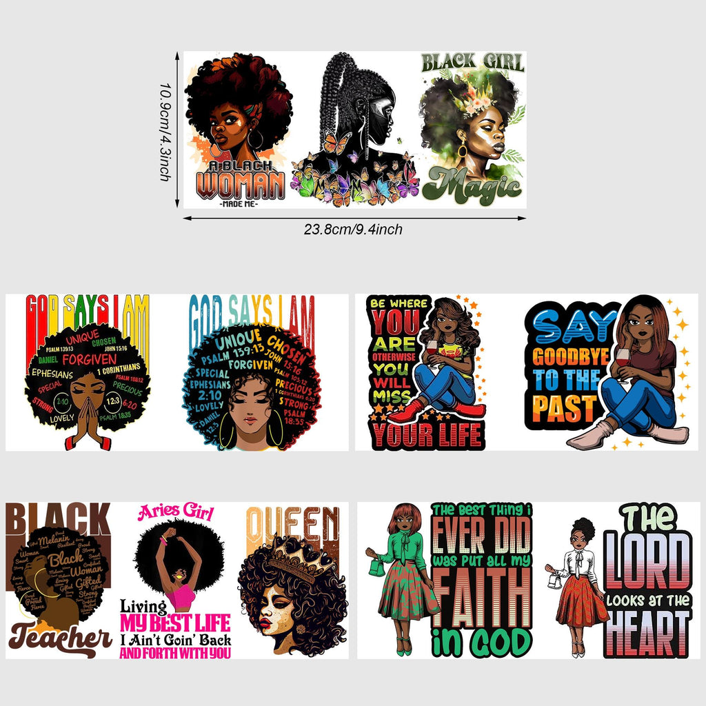 5 sheets black woman UV DTF cup stickers, glass sports DTF transfer stickers, waterproof wipe transfer paper for 16 oz glass, mugs, crafts, furniture