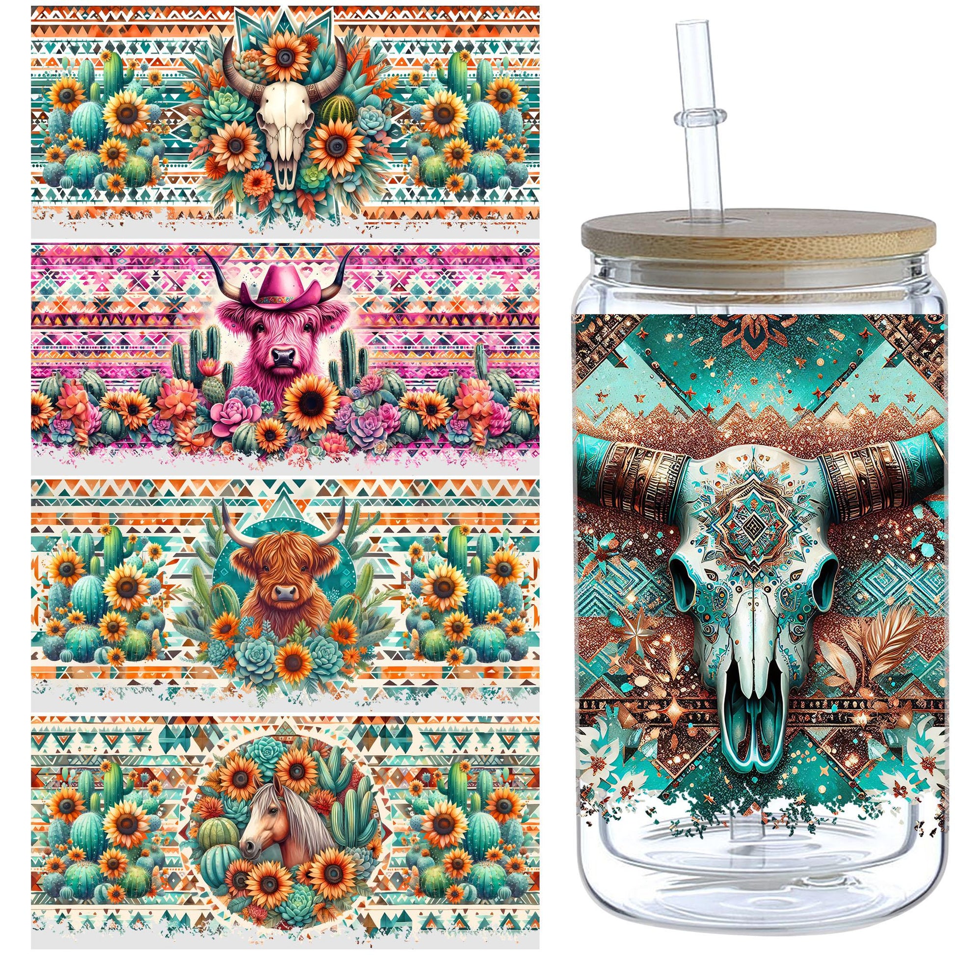 5 Sheets Aztec Animals Western Cactus DTF Cup Stickers, Glass Cup DTF Transfer Stickers, Waterproof Wipeable Transfer Paper for 16 Ounces Glass Cups, Mugs, Crafts, Furniture