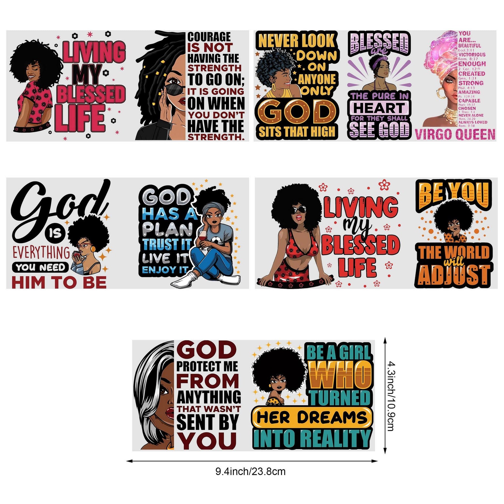 5 sheets black woman UV DTF cup stickers, glass sports DTF transfer stickers, waterproof wipe transfer paper for 16 oz glass, mugs, crafts, furniture