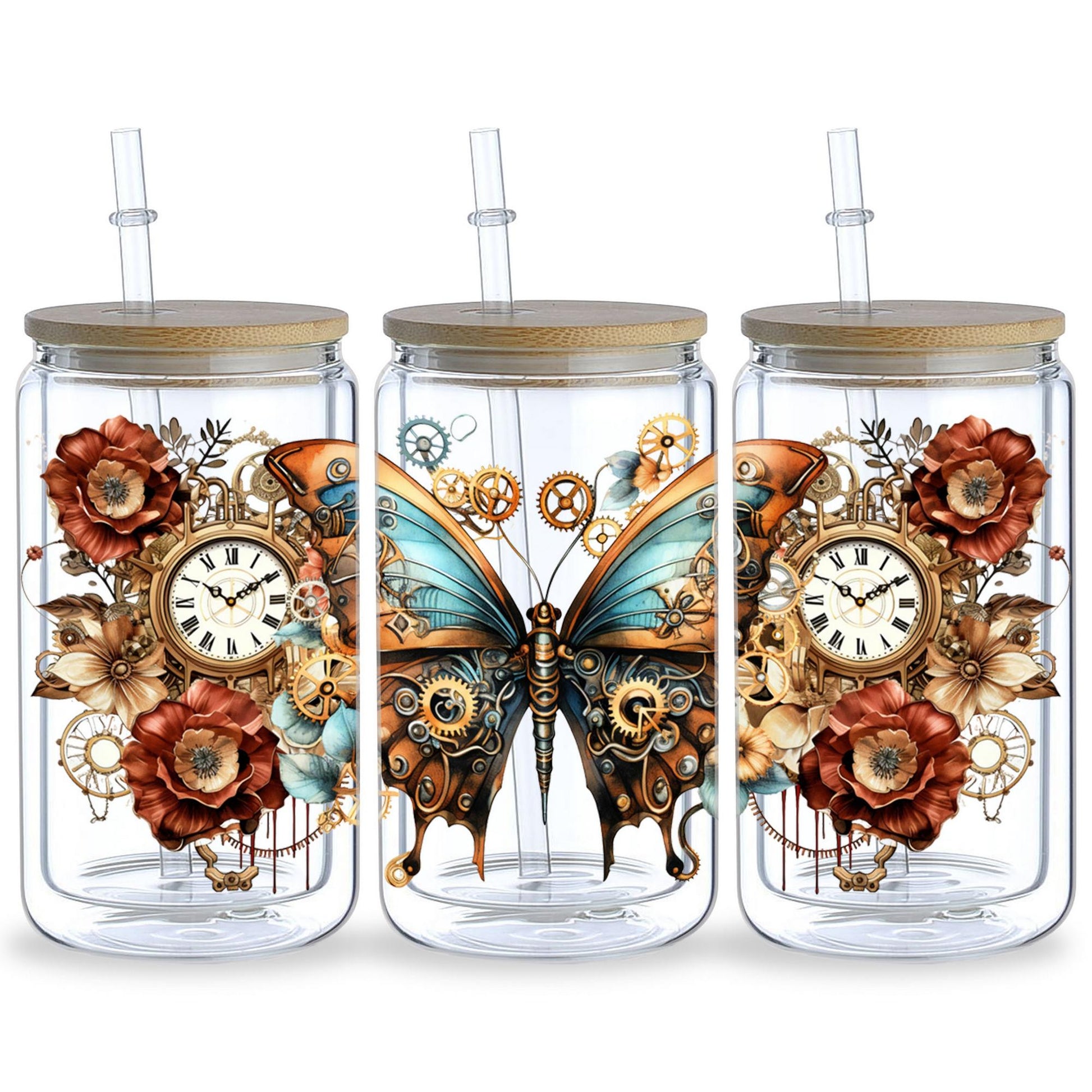 5 Sheets Steampunk UV DTF Cup Stickers 16 oz, DTF Friction Transfer Stickers, Waterproof Steampunk Butterfly, Dragon Stickers for DIY, Furniture, Crafts