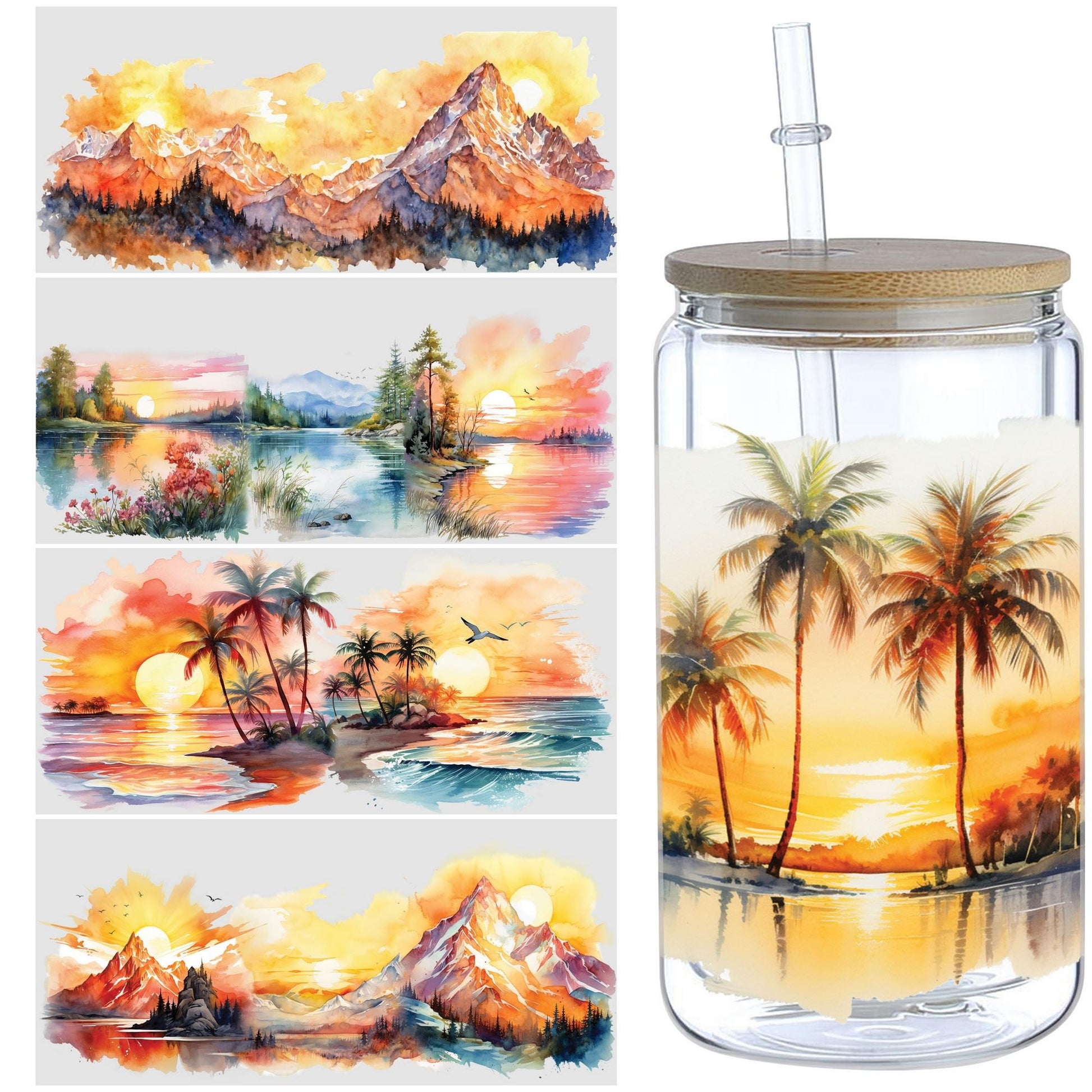 5 sheets Summer Sunset UV DTF cup packaging for 16oz glass cup, waterproof UV DTF stickers for 16oz glass cup, DIY, furniture, crafts