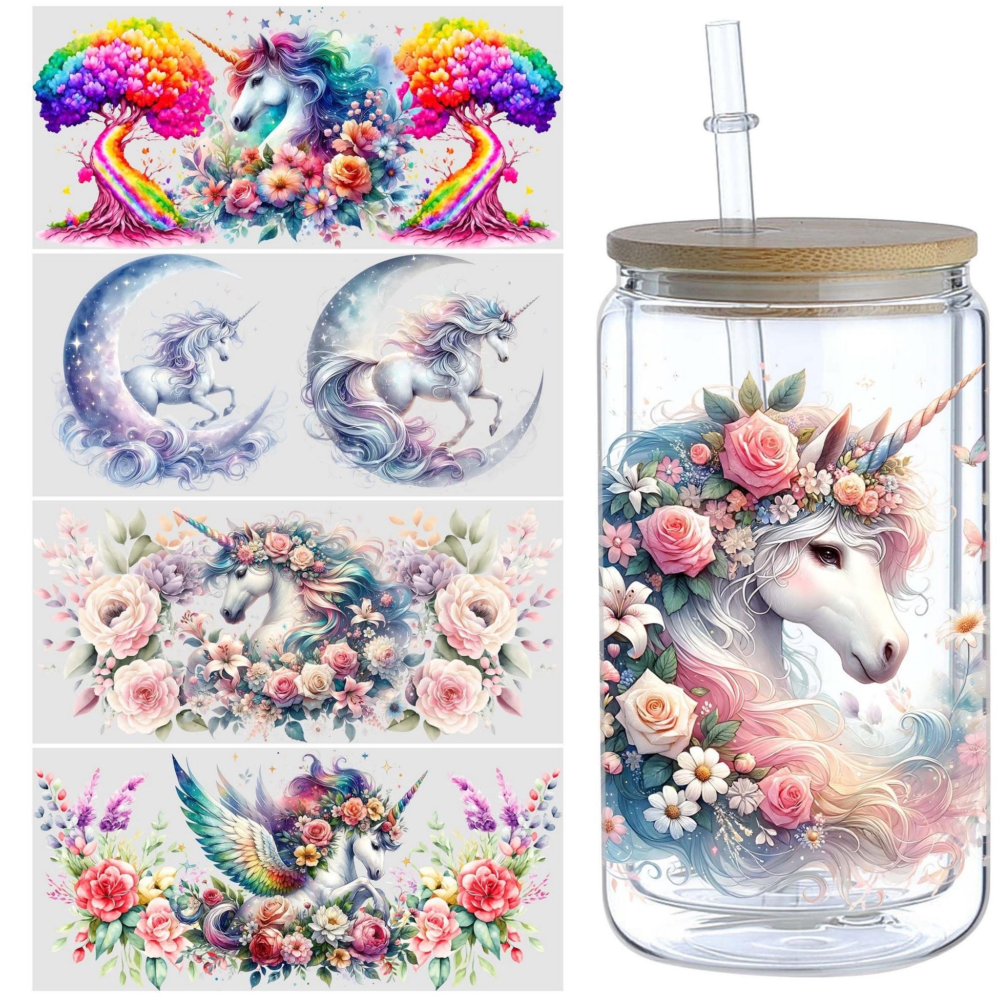 5 Sheets Unicorn UV DTF Cup Holder 16 oz, Beautiful Unicorn DTF Cup Holder Transfer Glass, Water Bottle Waterproof Sticker, Friction Transfer Sticker, Furniture Crafts