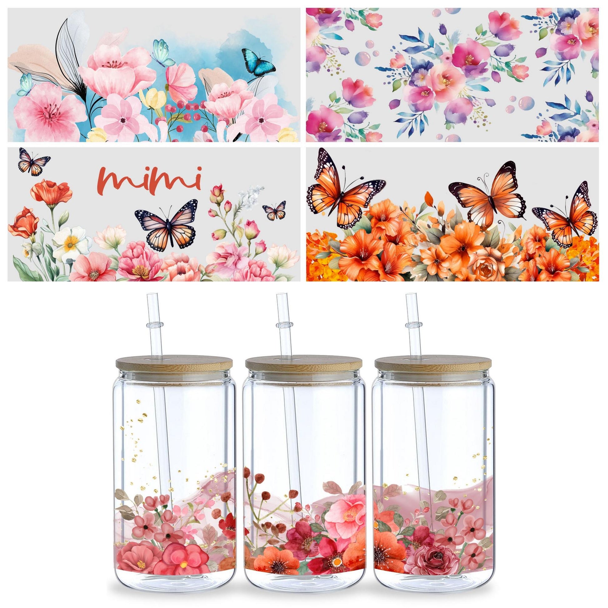 5 sheets of plant UV transfer waterproof self-adhesive stickers for mugs water bottles, DTF transfer stickers for 16 oz glass jar packaging, 3d crystal labels waterproof and scratch-resistant, DIY packaging transfer stickers glass cup stickers bottle