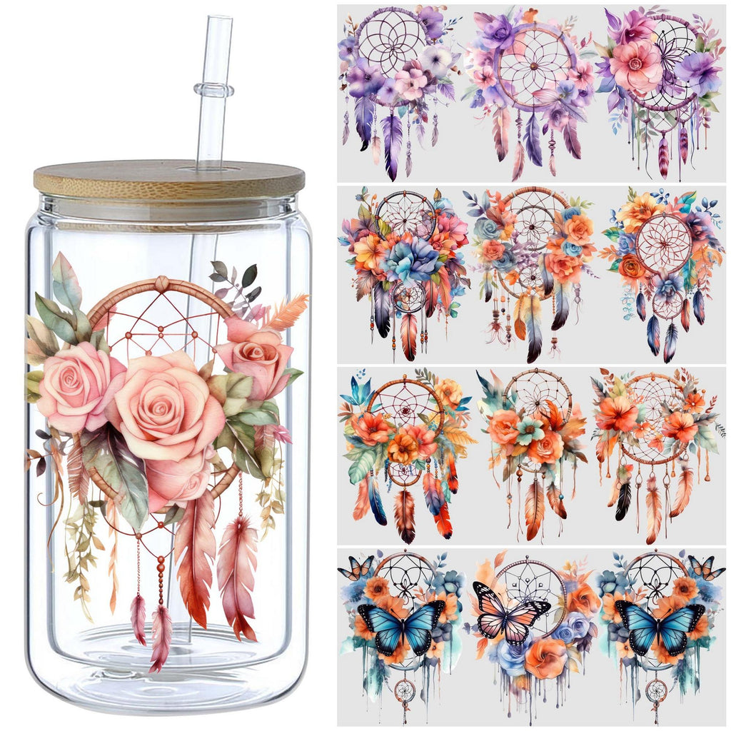 5 sheets Feathers Bohemian Dream Catcher UV DTF Cup Stickers, Glass Sports DTF Transfer Stickers, Waterproof Wipe-On Transfer Film for 16 oz Glass, Mugs, Crafts, Furniture