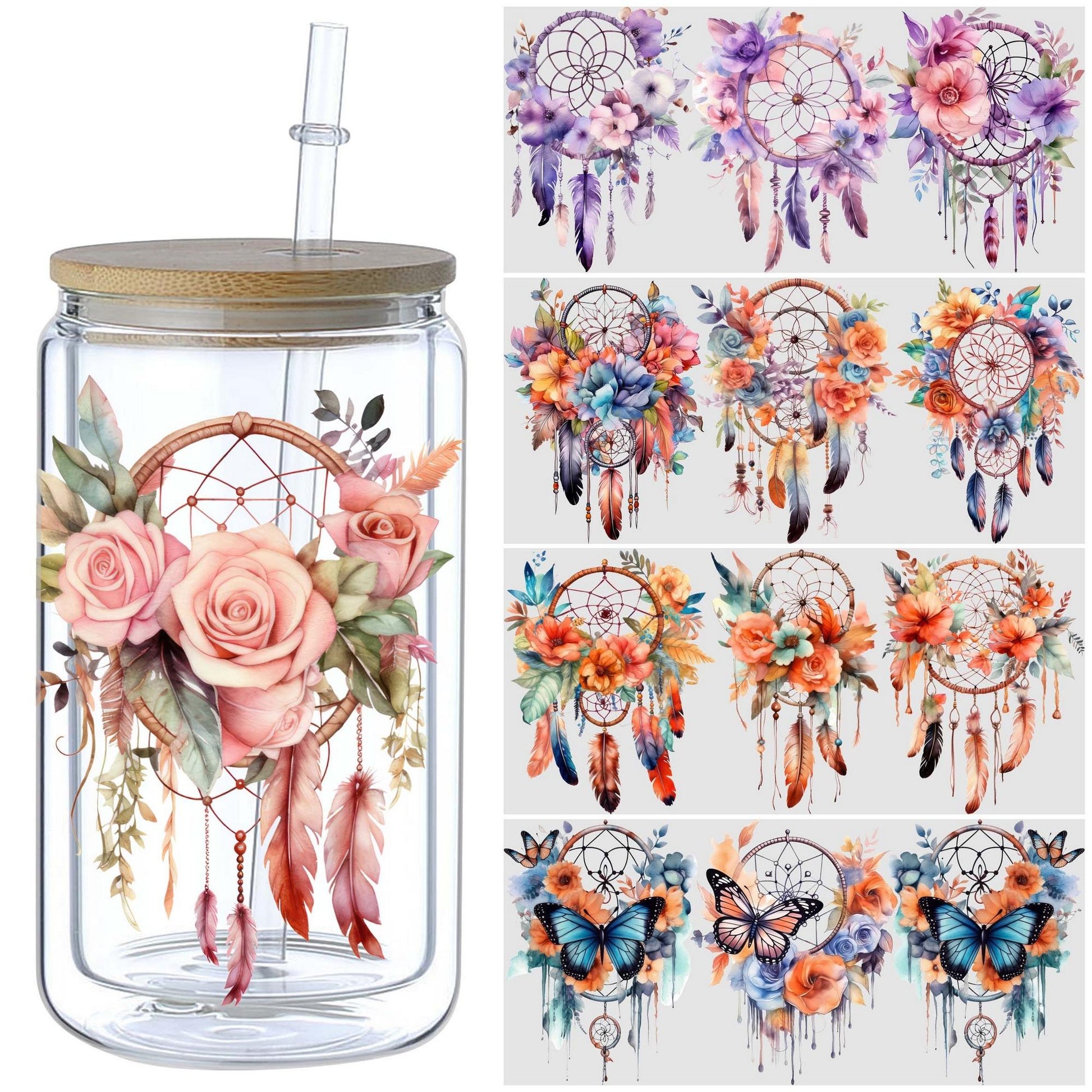 5 sheets Feathers Bohemian Dream Catcher UV DTF Cup Stickers, Glass Sports DTF Transfer Stickers, Waterproof Wipe-On Transfer Film for 16 oz Glass, Mugs, Crafts, Furniture