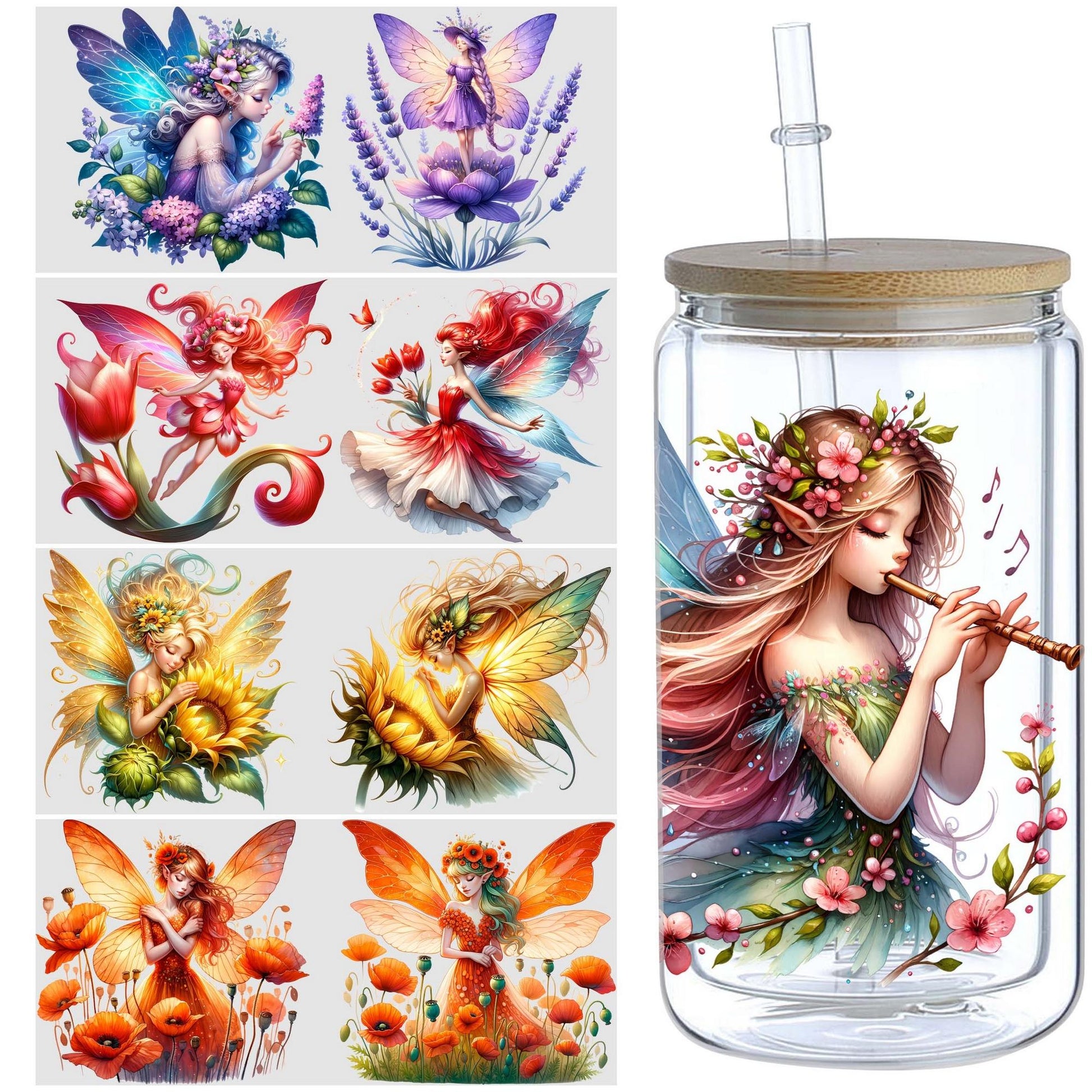 5pcs Vibrant Flower Fairy UV DTF Stickers for 16oz Glass Cups - Waterproof & Scratch-Resistant, Easy DIY Application, Perfect for Crafts, Furniture & Metal Surfaces, Flower Vinyl Stickers