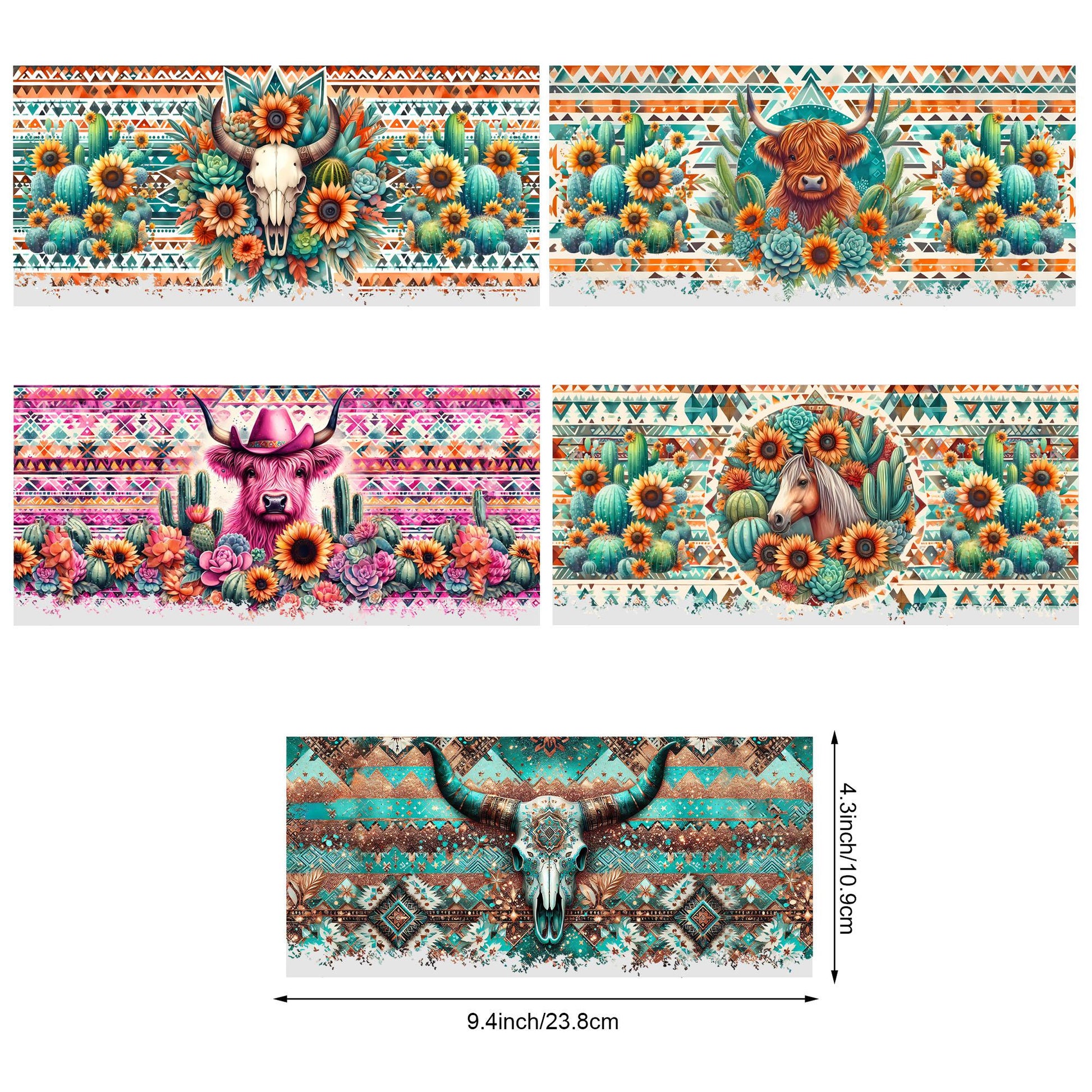 5 Sheets Aztec Animals Western Cactus DTF Cup Stickers, Glass Cup DTF Transfer Stickers, Waterproof Wipeable Transfer Paper for 16 Ounces Glass Cups, Mugs, Crafts, Furniture