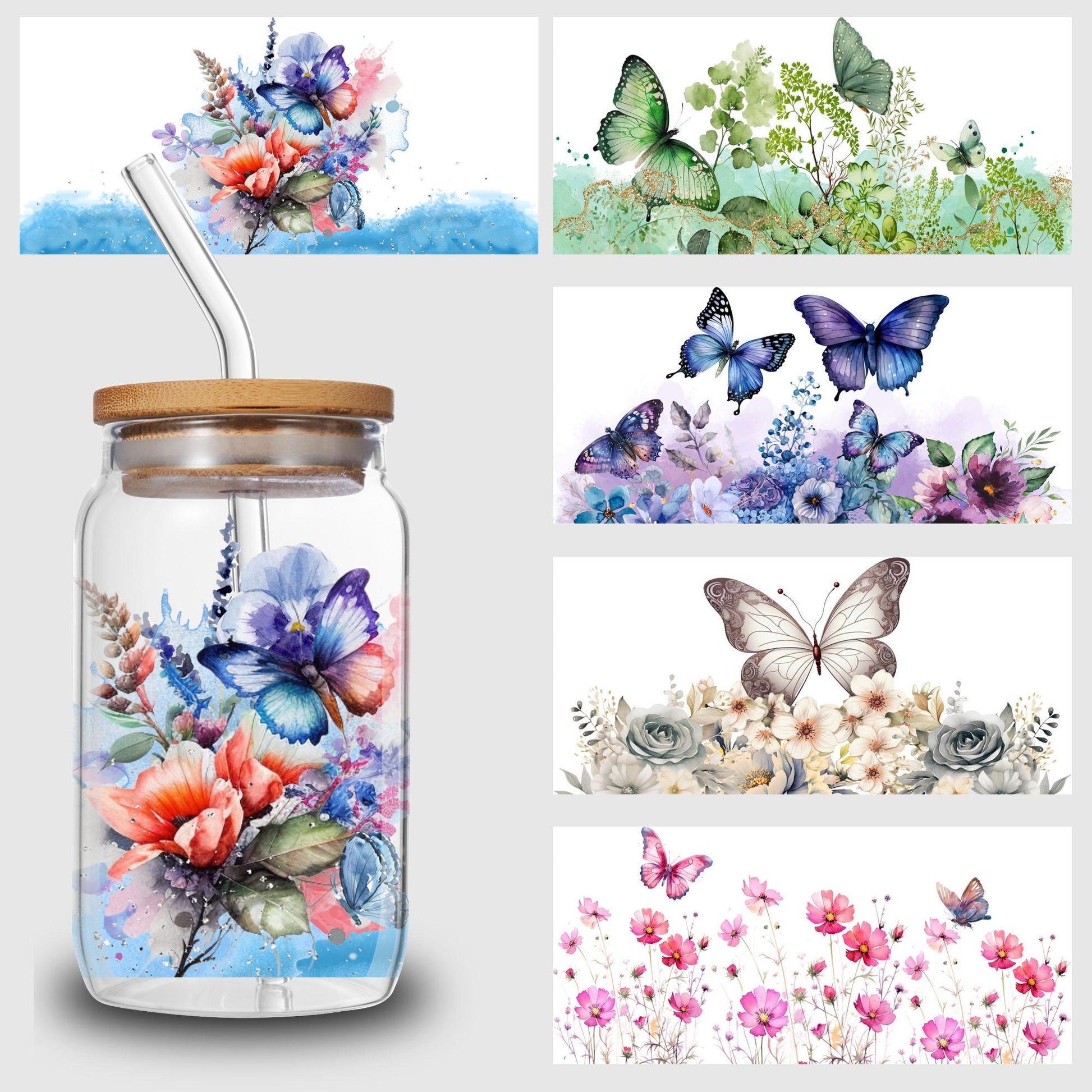 5 Sheets Butterfly and Flowers UV DTF Cup Stickers, Glass Sport DTF Transfer Stickers, Waterproof Plant Wipe Transfer Paper for 16 oz Glass, Mugs, Crafts, Furniture