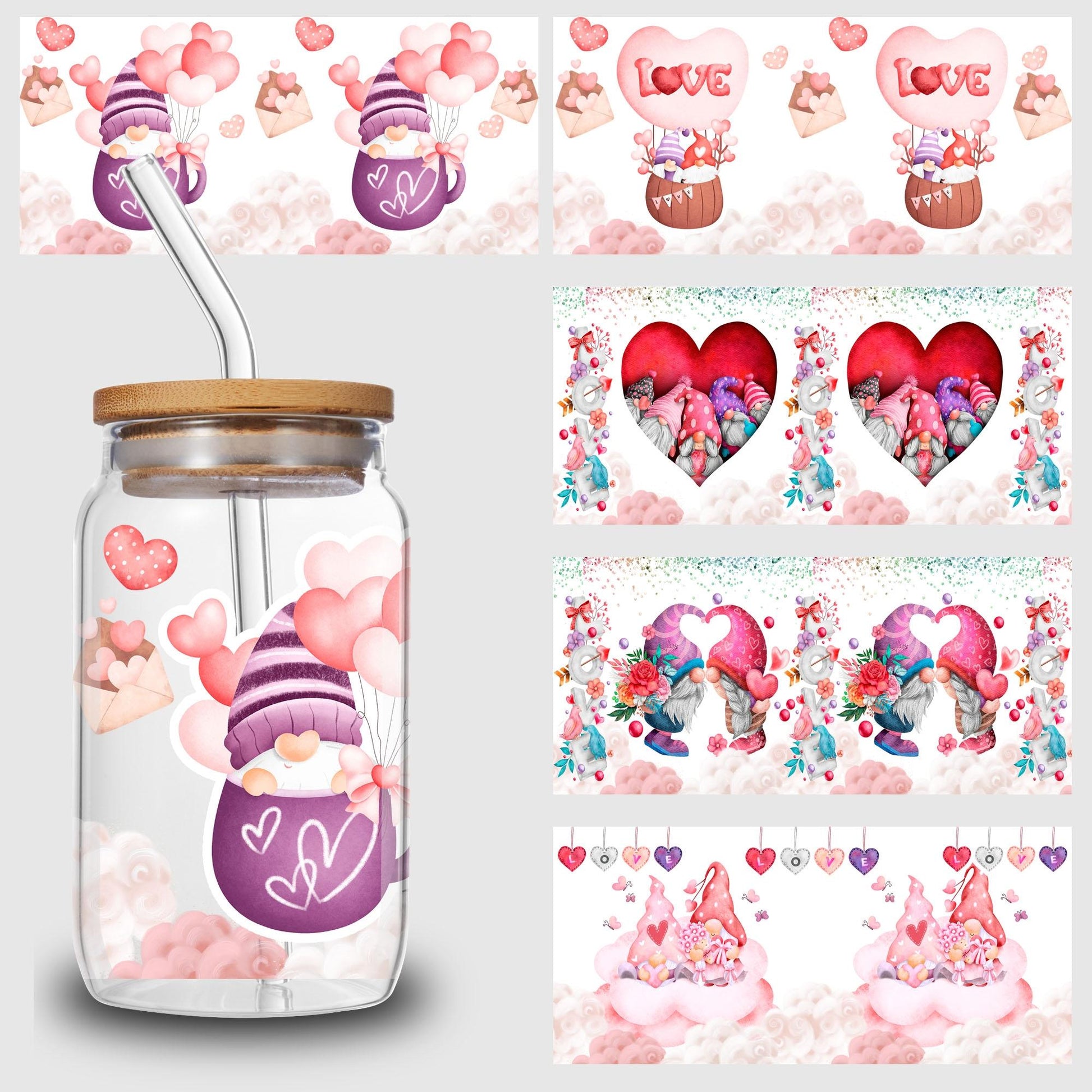 UV sheep Cup Wrap, 5 Pcs Valentine's Day Transfer Stickers for Glass Cups, UV DTF Transfer Waterproof Sticker for 16OZ Libbey Glass Cups