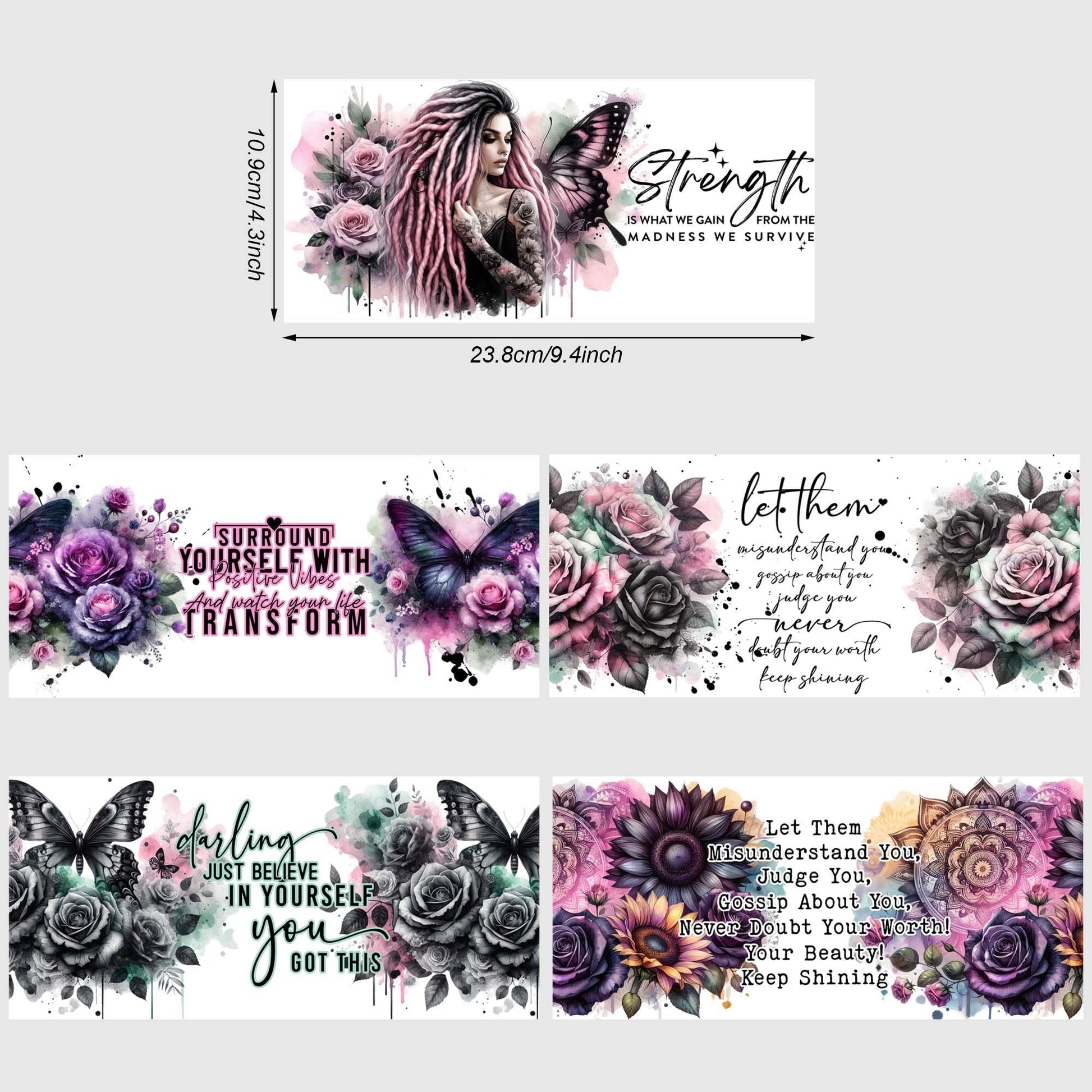 5 sheets inspirational UV DTF cup stickers, DTF transfer stickers, waterproof wipe transfer paper, suitable for 16 oz glasses