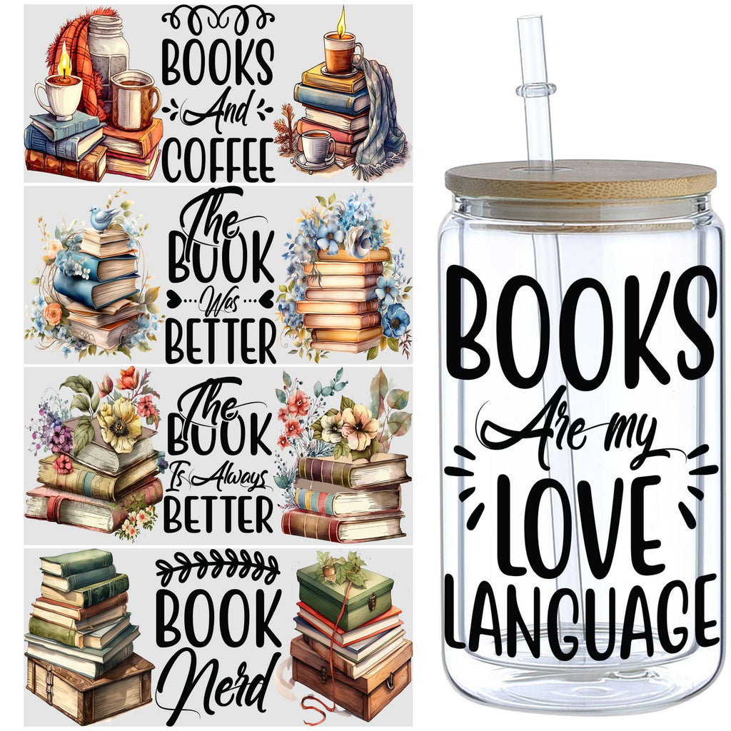 5sheets Book Design UV DTF Cup Stickers, Waterproof Sticker Pack For Decorating Mugs, Cups, Bottles, School Supplies, Etc, Arts Crafts, DIY Art Supplies