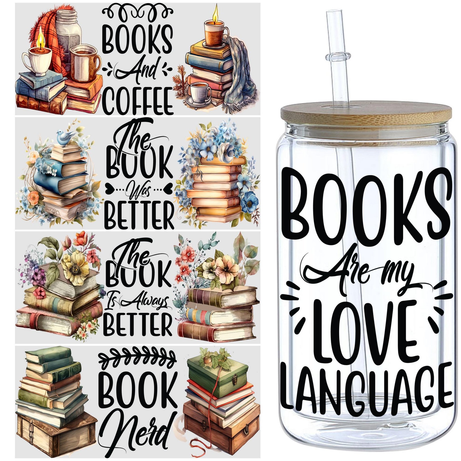 5sheets Book Design UV DTF Cup Stickers, Waterproof Sticker Pack For Decorating Mugs, Cups, Bottles, School Supplies, Etc, Arts Crafts, DIY Art Supplies