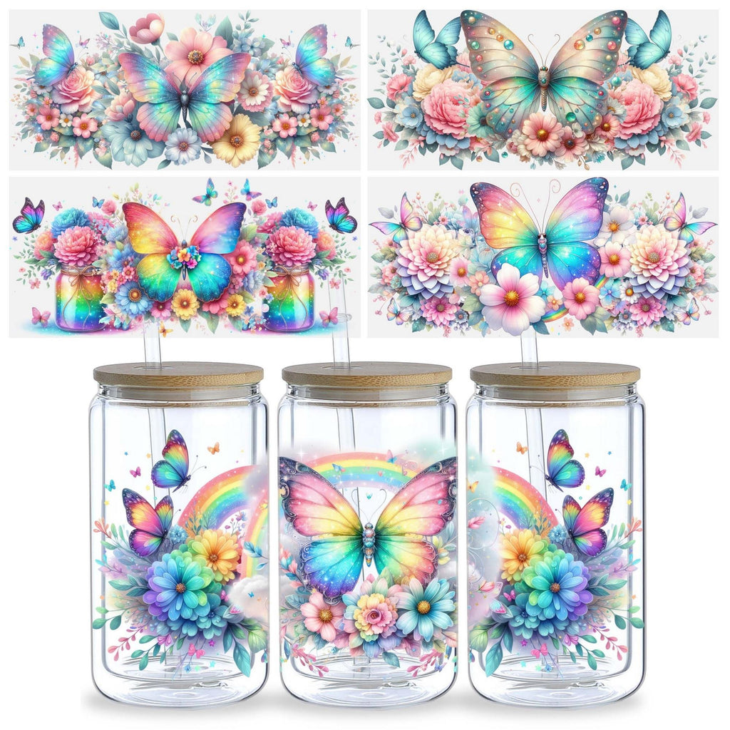 5 Sheets Butterfly UV DTF Glass Cup Wrap Transfer Stickers, DTF Transfer Stickers, Waterproof Wipe-Off Transfer