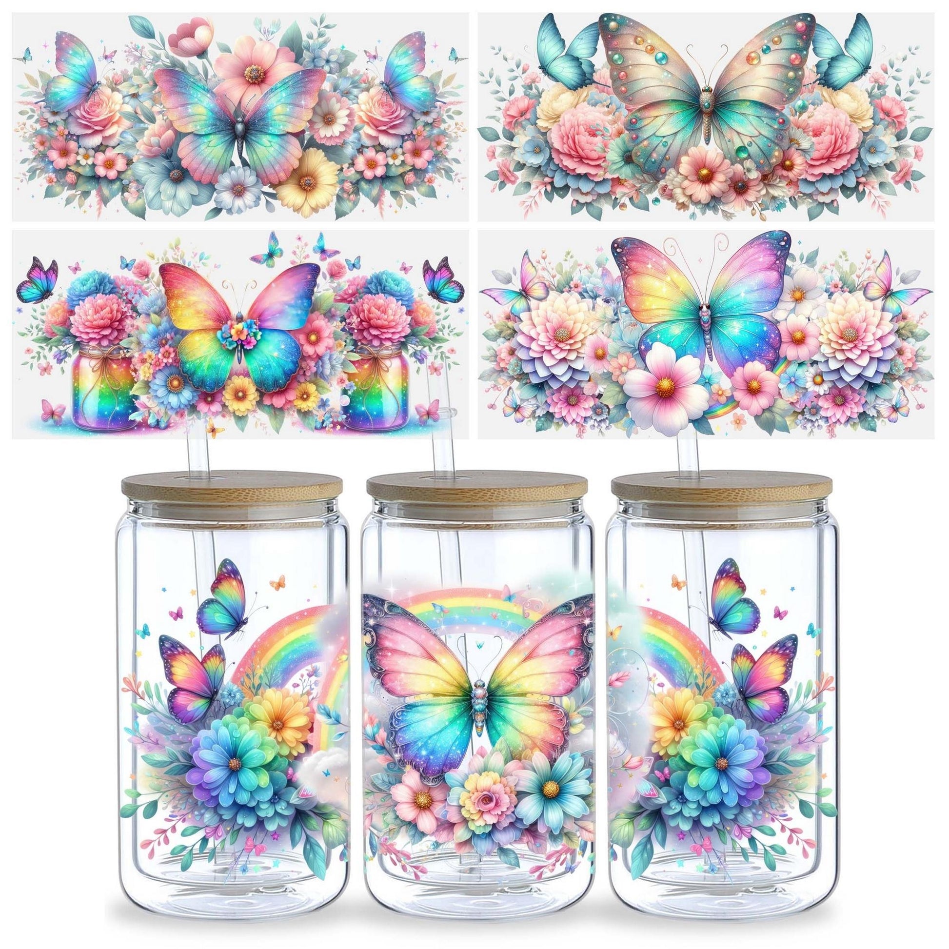5 Sheets Butterfly UV DTF Glass Cup Wrap Transfer Stickers, DTF Transfer Stickers, Waterproof Wipe-Off Transfer