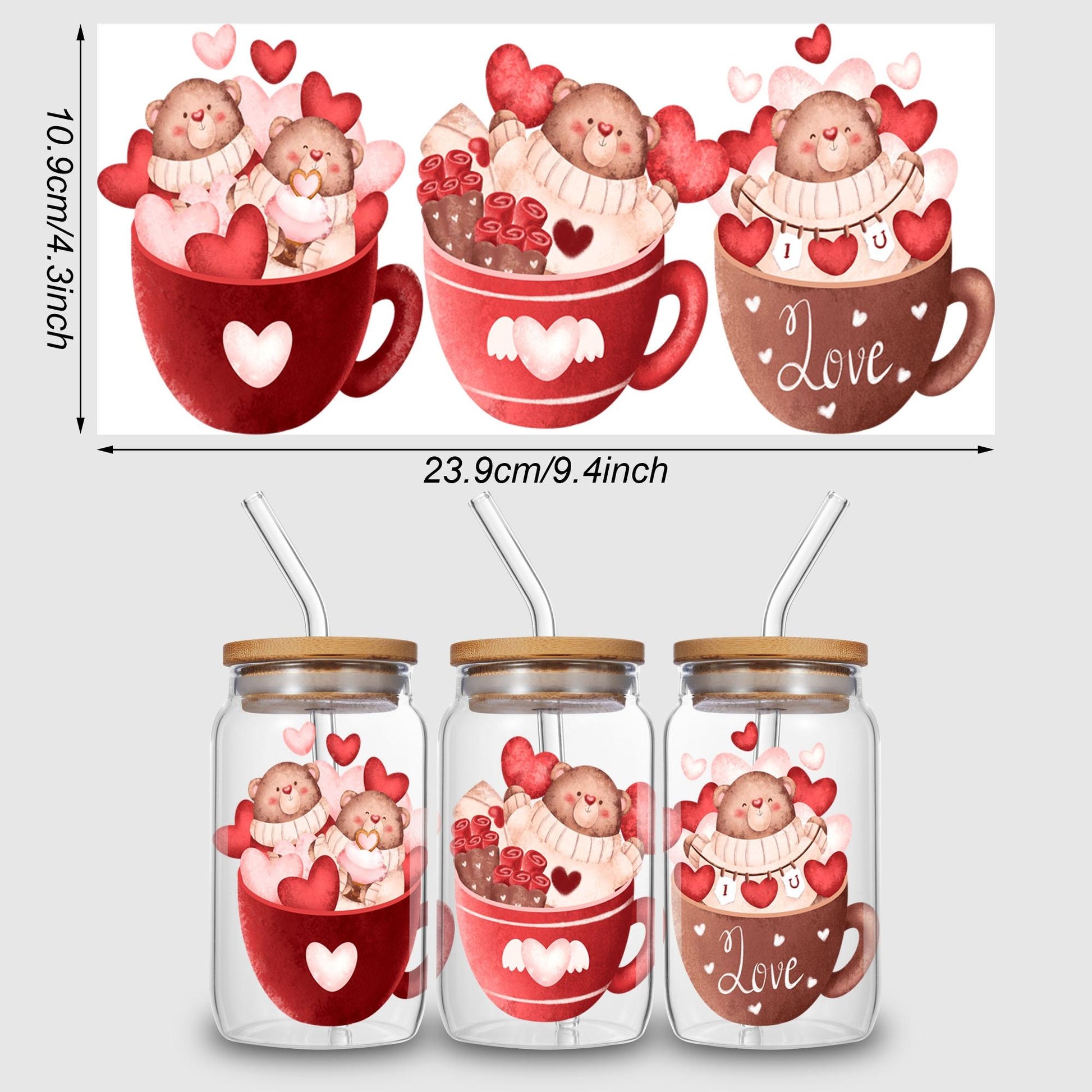 5 Sheets Valentine's Day UV DTF Cup Stickers, Glass Sports DTF Transfer Stickers, Waterproof Vegetable Wipe Transfer Paper for 16 oz Glass, Mug, Crafts, Furniture