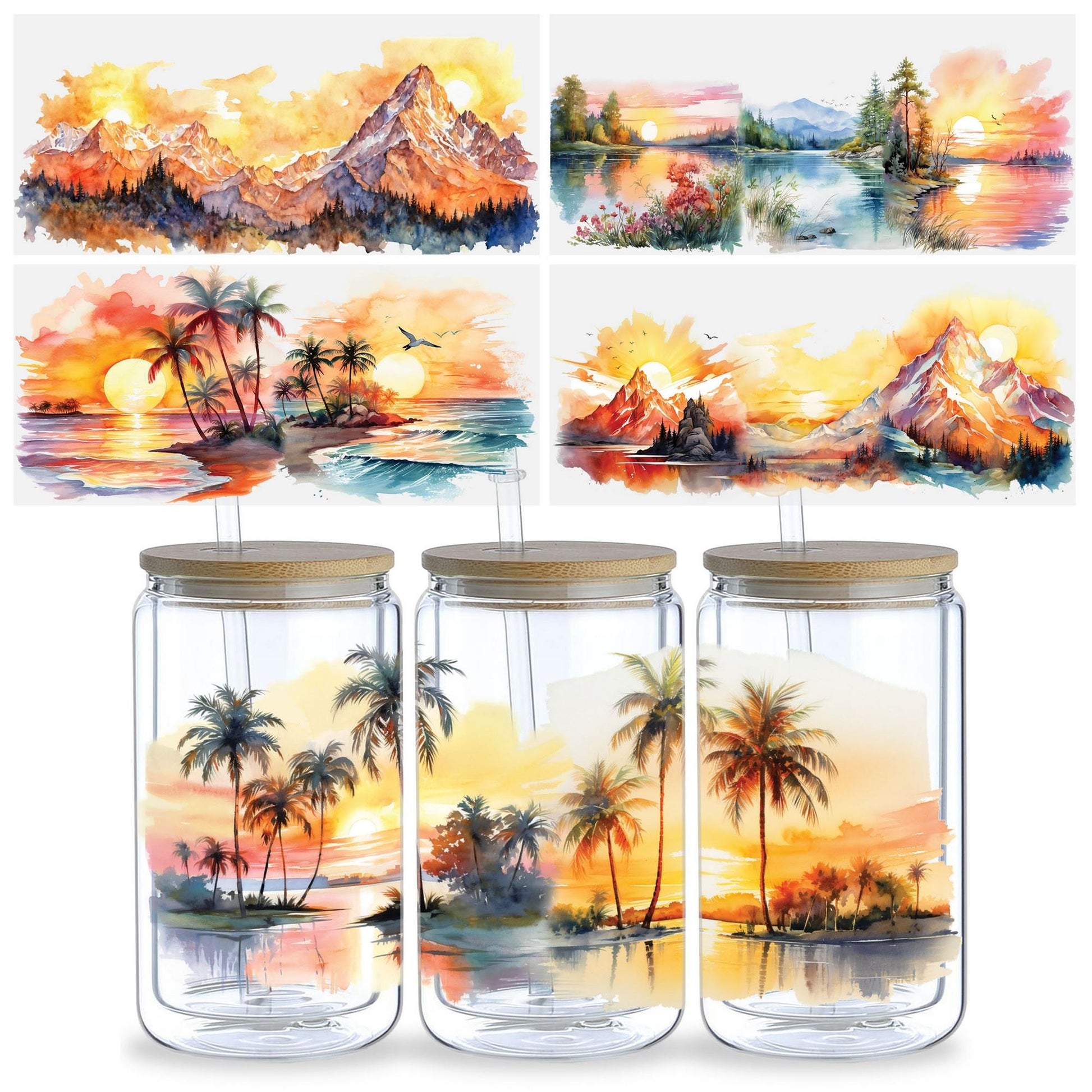 5 sheets Summer Sunset UV DTF cup packaging for 16oz glass cup, waterproof UV DTF stickers for 16oz glass cup, DIY, furniture, crafts