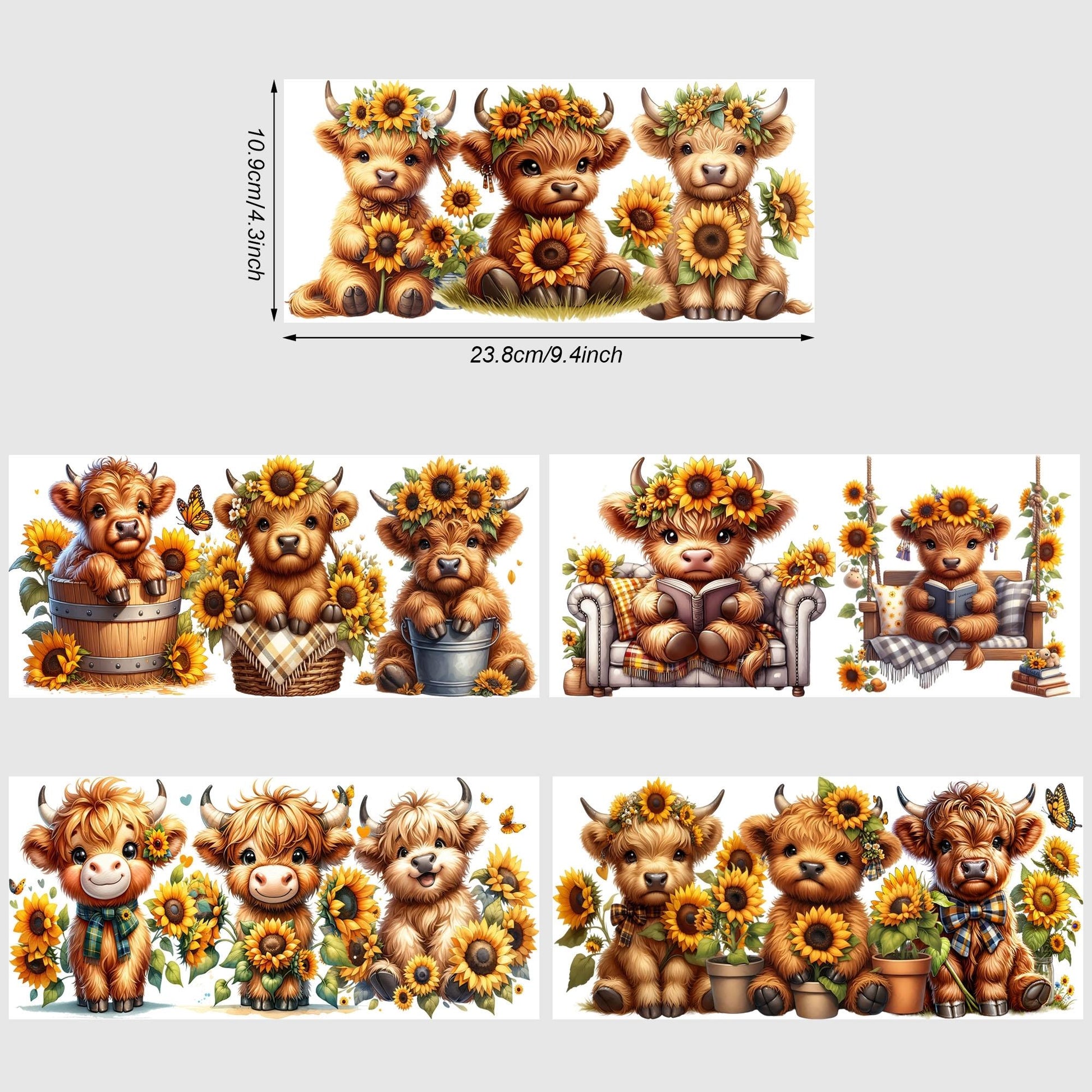 5 Sheets Cow Sunflower UV DTF Cup Stickers, Glass Movement DTF Transfer Stickers, Waterproof Beautiful Wipe-On Transfers for 16 oz Glass, Mugs, Crafts, Furniture