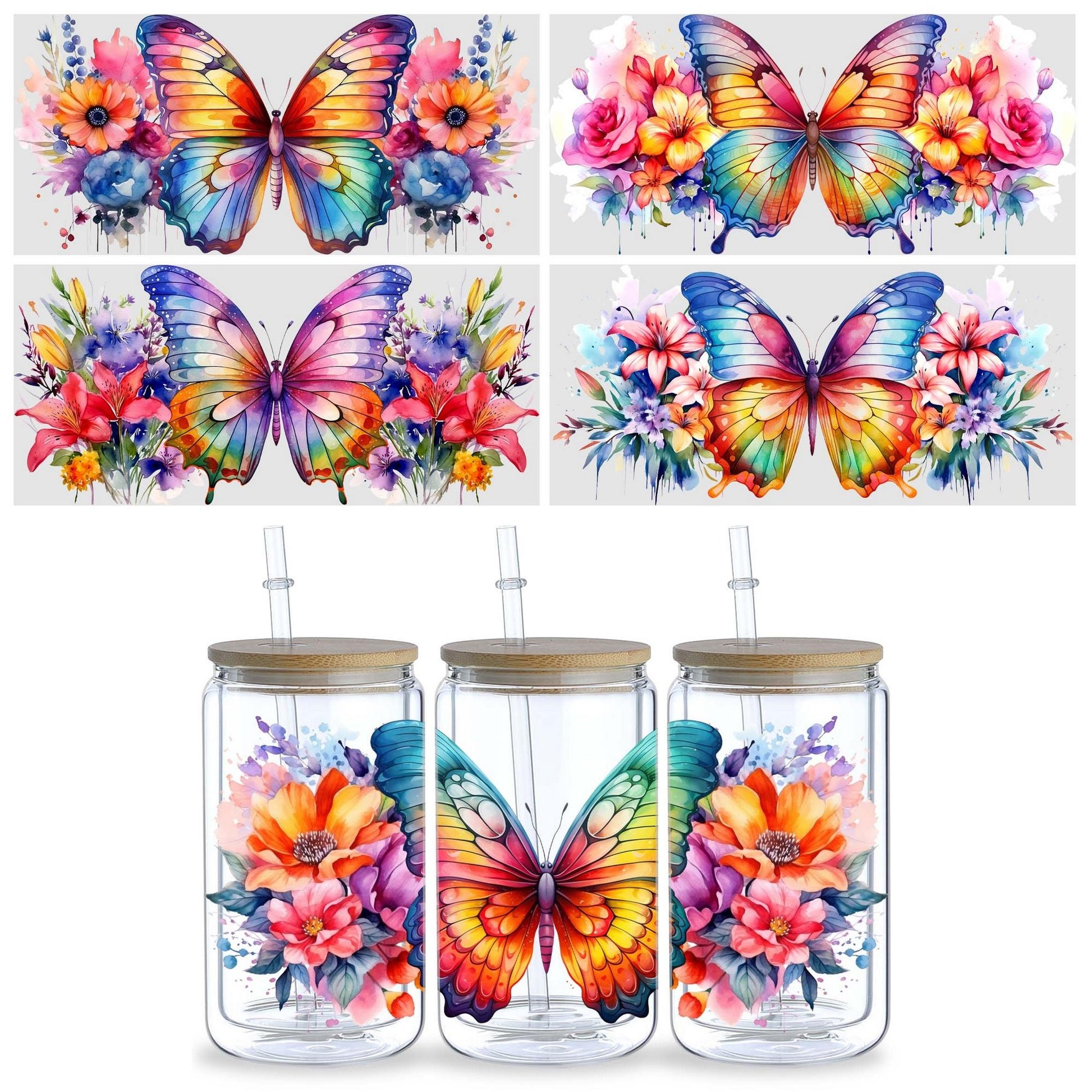 5 Sheets Butterfly UV DTF Glass Cup Wrap Transfer Stickers, DTF Transfer Stickers, Waterproof Wipe-Off Transfer